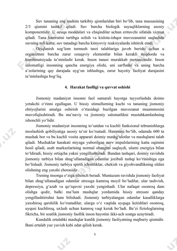 tarkibi turli xil moddalarni oʻz ichiga oladi: temir, kalsiy, magniy, kaliy va boshqalar. lekin inson tanasida eng muhimi suvdir. masalan, miyada 80% suv, 76% mushaklar, 25% suyaklar mavjud. evolyutsiya jarayonida hayvonlardagi muhim oʻnta murakkab aminokislotalarni sintez qilish qobiliyati yoʻqoldi. ular oʻsimlik va hayvonlardan tayyorlangan oziq-ovqat mahsulotlaridan olishadi. bunday aminokislotalar sut mahsulotlari (sut, pishloq, tvorog), tuxum, baliq, goʻsht oqsillarida, shuningdek, soya, loviya va boshqa oʻsimliklarda mavjud. ovqat hazm qilish tizimida oqsillar aminokislotalarga boʻlinadi, ular qon orqali soʻriladi va hujayralarga kiradi. hujayralarda ular maʼlum bir organizmga xos boʻlgan oʻz oqsillarini yaratadilar. minerallar — noorganik birikmalar, ular tana vaznining taxminan 5% ni tashkil qiladi. minerallar tishlar, mushaklar, qon hujayralari va suyaklarning tarkibiy qismlari boʻlib xizmat qiladi. ular mushaklarning qisqarishi, qon ivishi, oqsil sintezi va hujayra membranalarining oʻtkazuvchanligi uchun zarurdir. organizm minerallarni oziq-ovqatdan oladi. minerallar ikki sinfga boʻlinadi: makroelementlar va mikroelementlar. makroelementlar organizm tomonidan nisbatan koʻp miqdorda talab qilinadi, bular: kalsiy, fosfor, kaliy, oltingugurt, …