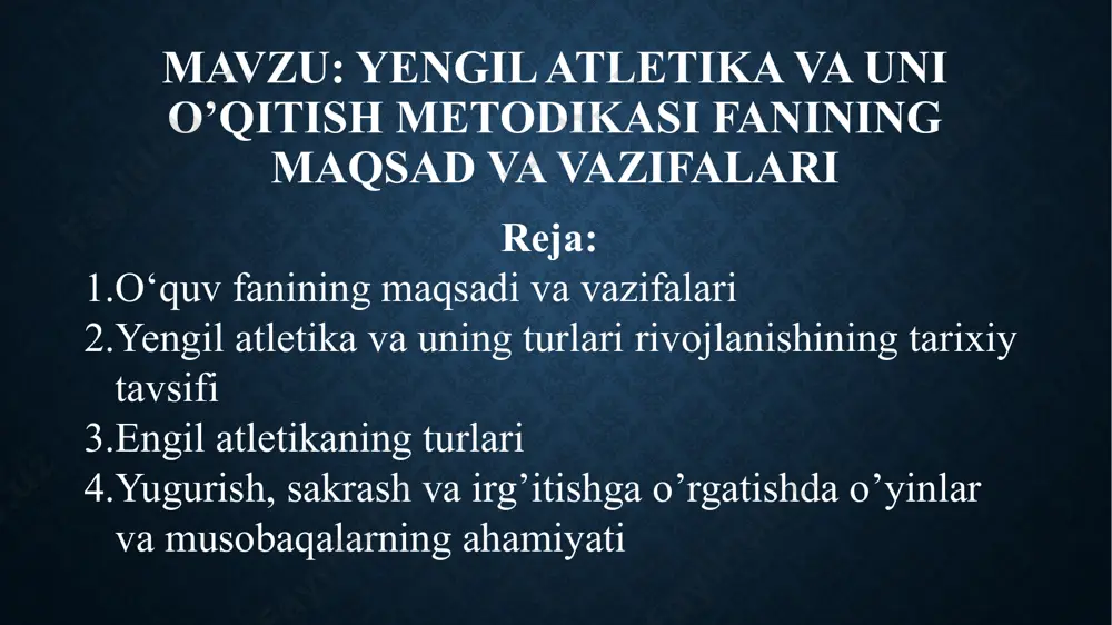 ng jismoniy tarbiya tizimida yengil atletikaning o‘rni; yengil atletika bo‘limlari va ularning turkumlanishi haqida bilimga ega bo‘lishi kerak. - yengil atletika turlari texnikasini o‘rgatish; yengil atletika bilan shug‘ullantirishda umumiy rivojlantiruvchi hamda maxsus mashqlarini bajarishni o‘rgatish; yengil atletika bilan shug‘ullantirish va uni o‘rgatish asoslari; yengil atletika mashg‘ulotlarida qo‘llaniladigan metodlarni o‘rgatish; ta`lim muassasalarida yengil atletika mashg‘ulotlarini tashkil qilish va o‘tkazish; sportcha yurish texnikasini o‘rgatish metodikasi; yugurish turlari texnikasini o‘rgatish metodikasi; sakrash turlari texnikasini o‘rgatish metodikasi; uloqtirish turlari texnikasini o‘rgatish metodikasi; ko‘p kurash turlari texnikasini o‘rgatish metodikasini haqida ko‘nikmalarga ega bo‘lishi kerak. yengil atletika va uning turlari rivojlanishining tarixiy tavsifi. qadimiy yunon so‘zi “ atletika” o‘zbek tilida kurash, mashq degan ma`noni bildiradi. qadimiy yunonistonda kuchlilik va chaqqonlikda musobaqalashgan kishilarni atletlar deb atar edilar. yengil atletika sportining ayrim turlari ( yurish, yugurish, sakrash, uloqtirish, ko‘pkurashlardan iboratdir) uzoq vaqtlardan buyon movarounnahr o‘lkasida istiqomat qiluvchilarning shug‘ullanib kelgan mashg‘ulotlari, xususan, sarmish (soyidagi) tog‘larida eramizdan bir necha asr …