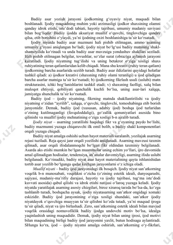 iq bo‘ladi. badiiy ijod – ijodiy jarayon mahsuli bo‘lib, dastlabki ma’noda yangi badiiy voqelikni vujudga keltirishdan iborat. san’at asari hayotdan nusxa ko‘chirish, takrorlash yoki unga taqlid qilish bilangina o‘zining mavjudlik shaklini belgilamaydi, balki yangi, avval bilinmagan badiiy voqelik yaratadi. u muayyan ijodkor tomonidan istalgan vaqtda yozilgani uchun rejalashtirilgan, hayotning dasturiy ifodasi emas, balki tasodifiy yaratilgan voqelik hisoblanadi. badiiy ijod jarayonida (sinergetika nazariyasi, prigojin) tarixda amal qiladigan tasodifiylik va kutilmaganlik yanada murakkabroq va sirliroq tarzda namoyon bo‘ladi. “san’at asari, – deb yozadi v.e.xalizev, – avvalo, ijodiy (yaratuvchanlik) xarakteriga ega. badiiy ijod tashabbuskor kishilarning zavq-shavq beruvchi, ilhomli faoliyatidirki, ular mavjud qadriyatlar (madaniy va tabiiy)ni saqlab qolishgina emas, balki ularning boyitilishiga xizmat qiladi”. mumtoz adabiyotshunoslik tarixi badiiy ijodning estetik, ma’ri-fiy va yaratuvchanlik jihatlariga asosiy e’tibor qaratadi. badiiy voqelik tarixiy voqelikka parallel holda yaratilishi mumkin, ammo chinakam san’at asari hech qachon real hayotdan nusxa ko‘chirmaydi, chunki san’atda betakror asar ijod qilishning o‘z qonuniyatlari bor. …