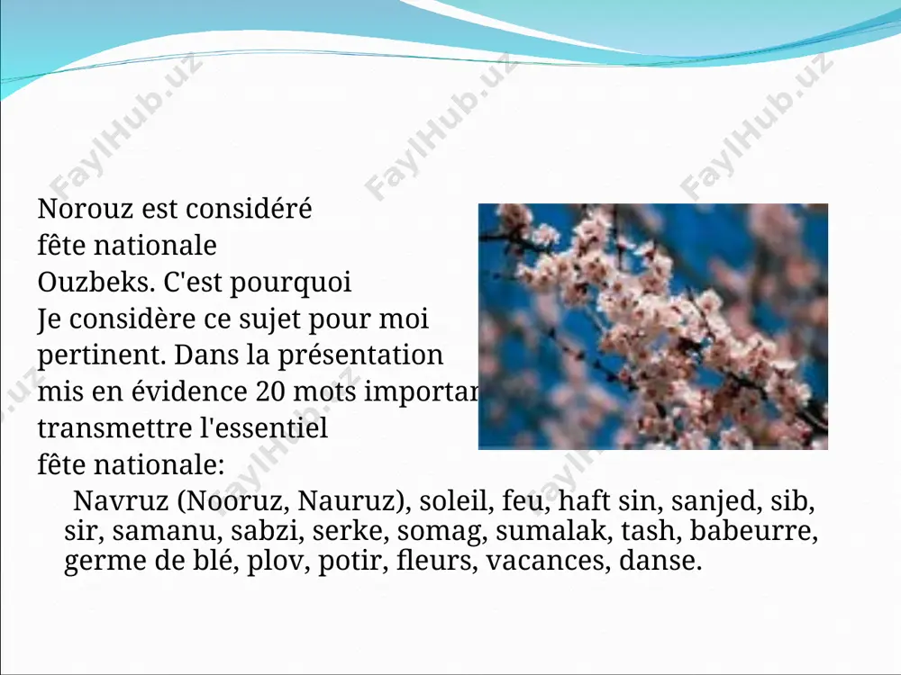 me. au troisième concours, momoer - earth est sélectionné. les trois personnages principaux de la fête s'habillent de vêtements nationaux colorés et ouvrent la fête: ils roulent dans les rues dans une voiture décorée de fleurs, accompagnés de musiciens et invitent tout le monde sur la place principale de la ville. selon une vieille tradition, chaque participant à la fête doit remplir trois conditions : planter des fleurs et au moins trois plants d'arbres ; préparez-vous aux bonnes actions et à la joie, faites la paix avec ceux avec qui vous étiez en querelle; aussi s'efforcer de vivre d'une manière nouvelle, honnêtement et avec dignité. les références zakirkhodzhaev sh.ya., solikhov m.u. "médecin et patient" tachkent - 2016. siluyanovoy i. v. bioethics v rossii: sennosti i zakono`., m. 2001. r karimov sh.i. critères alimentation-santé 2015 fowler m.. éthique i entreprise sœur. m., 1994. merta dj. m., 1998.
