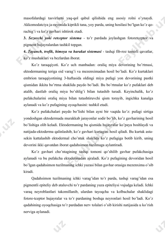 ufakchasi ichiga do’mboqcha shaklida bo’rtib chiqib, gavhar yadrosini hosil qiladi. yadroga esa gavhar ekvatorida hosil bo’ladigan yangidan-yangi tolalar qat-qat bo’lib tiklanadi. gavhar tolalari uning bo’shlig’ini asta-sekin to’ldiradi va gavhar zich kompakt tanachaga aylanadi. ko’z olmasining orqa bo’limidagi mezenxima shishasimon tanaga (corpus vitreum) aylanadi. ko’z olmasining qolgan pardalari (tomirli va oqsil parda) uning yuzasini qoplovchi mezenximadan rivojlanadi. ko’z olmasi oldingi bo’limining mezenximasi dastlab shu bo’lim bo’shlig’ini batamom to’ldirib turadi. keyin unda ayrim mayda bo’shliqlar paido bo’ladi va ularning qo’shilishidan ko’z kamerasi hosil bo’ladi. bu bo’shliqqa yoy parda o’sib kirib, uni oldingi va orqa ko’z kameralariga ajratadi. kuz olmasining yordamchi tuzilmalari bularga ko’z harakat mushaklari, qovoq, ko’z yosh bezlari va yosh. chiqaruvchi yo’llar kiradi. ko’z mushaklari skelet mushaklari singari tuzilishga egadir. qovoq (palpebra) - ko’z olmasi oldidagi teri burmasidir. har bir qovoqda oldingi teri yuzasi va ko’zning biriktiruvchi to’kima pardasi (conjunctiva) deb ataluvchi orqa (ichki) yuzasi tafovut qilinadi. qovoq-ning tashqi yuzasini qoplovchi …
