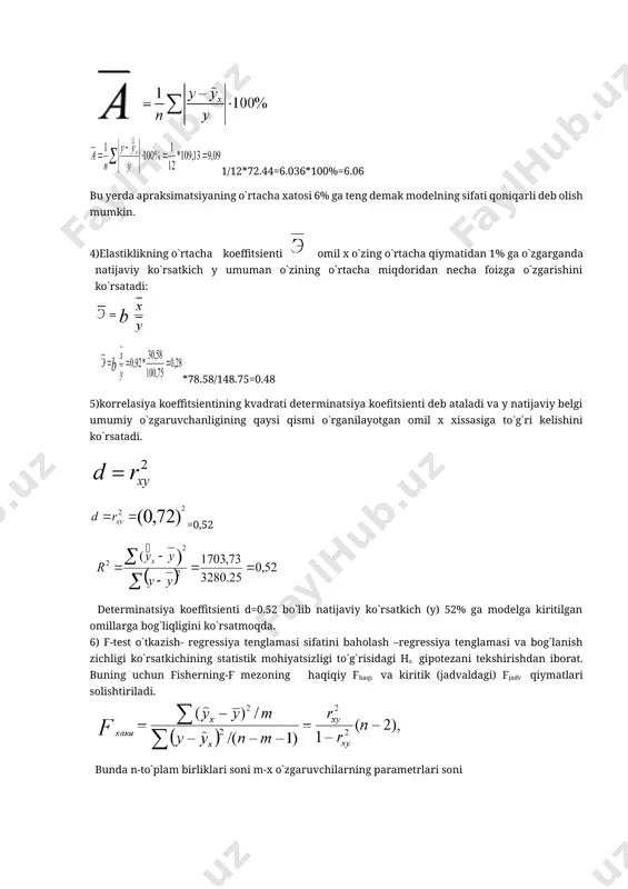 nishidagi ekonometrik modeldagi va parametrlarni topish uchun quyidagi normal tenglamalar sistemasidan foydalanamiz: 281/286=0.98 4765/66=72.2 x=72.2+0,98t trend ekonometrik modeliga ega bo`lamiz.va yuqoridagi y=76.42+0,92x regresiya tenglamasidan foydalanib keying 5 yillik prognozni amalga oshiramiz. t x=72.2+0,98t y=76,42+0,92x 13 84.94 154.5648 14 85.92 155.4664 15 86.9 156.368 16 87.88 157.2696 17 88.86 158.1712 jami; 75 434.5 781.84 o`rtacha; 15 86.9 156.368 image6.png image7.png image8.png image9.png image10.png image11.png image12.png image13.png image14.png image15.png image16.wmf oleobject1.bin image17.png image18.png image19.png image20.png image21.png image22.wmf oleobject2.bin image23.png image24.png image25.wmf oleobject3.bin image26.png image27.wmf oleobject4.bin image28.wmf oleobject5.bin image29.png image30.wmf oleobject6.bin image31.wmf oleobject7.bin image32.png image33.png image34.png image35.wmf oleobject8.bin image36.wmf oleobject9.bin image1.png image37.wmf oleobject10.bin image38.wmf oleobject11.bin image39.wmf oleobject12.bin image40.wmf oleobject13.bin image41.png image42.wmf image2.png oleobject14.bin image43.wmf oleobject15.bin image44.png image45.wmf oleobject16.bin image46.wmf oleobject17.bin image47.wmf oleobject18.bin image3.png image4.png image5.png 72 , 0 53 , 16 * 94 , 12 75 , 100 * 58 , 30 67 , 3235 = - = × × - × = …