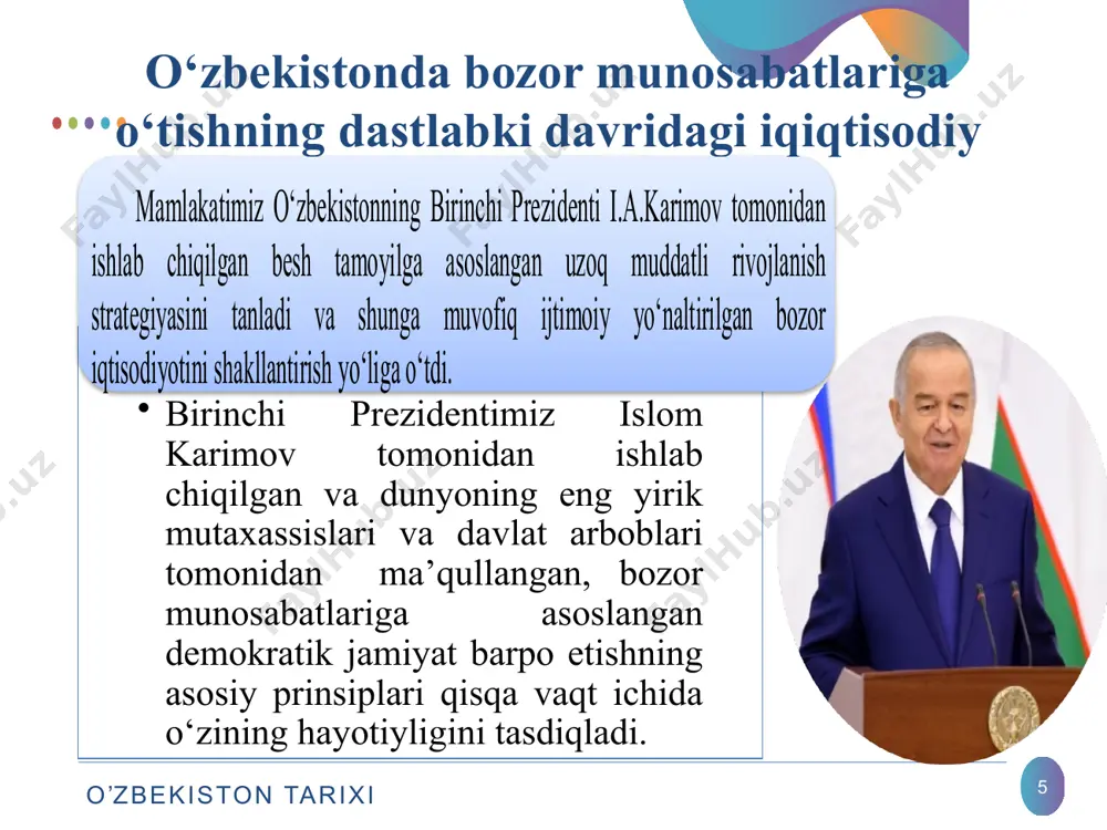 loq xo‘jaligidagi islohotlar, ularning vazifalari va asosiy yo‘nalishlari. 18 o‘zbekiston respublikasi oliy majlisining 10-sessiyasida (1997 yil dekabr) qabul qilingan "er kodeksi", "dehqon xo‘jaligi to‘g‘risida", "er kadastri to‘g‘risida" gi qonunlar qishloq xo‘jaligidagi islohotlar asoslarini yanada mustahkamlashga va respublikada olib borilayotgan agrar o‘zgarishlarning muvaffaqiyatiga yordam berdi. mustaqillikning dastlabki kunlaridan boshlab, paxta maydonining bir qismi g‘alla ekishga o‘tkazildi. 1998 yilda 1,5 million gektar erda g‘alla ekinlari etishtirildi. 2000 yilning birinchi yarmida respublikaning kredit banklari tomonidan kichik va o‘rta biznesning moddiy-moliyaviy bazasini mustahkamlash uchun 4 milliard 100 million so‘m mablag‘ ajratildi, ularning 42 foizi to‘g‘ridan-to‘g‘ri fermer va dehqon xo‘jaliklarini rivojlantirishga yo‘naltirildi. 1 qishloq xo'jaligidagi islohotlar huquqiy asoslar: o'zbekiston respublikasining "er to'g'risida", "dehqon xo'jaligi to'g'risida" (1992 yil iyul), "qishloq xo'jaligi kooperativi (shirkati) to'g'risida" (1998 yil aprel) qonunlari; o'zbekiston respublikasi prezidentining "qishloq xo'jaligidagi islohotlarni chuqurlashtirishning eng muhim yo'nalishlari to'g'risida" farmoni (2003 yil mart) "er, er osti boyliklari, suvlari, o'simlik va hayvonot dunyosi va boshqa tabiiy boyliklar …