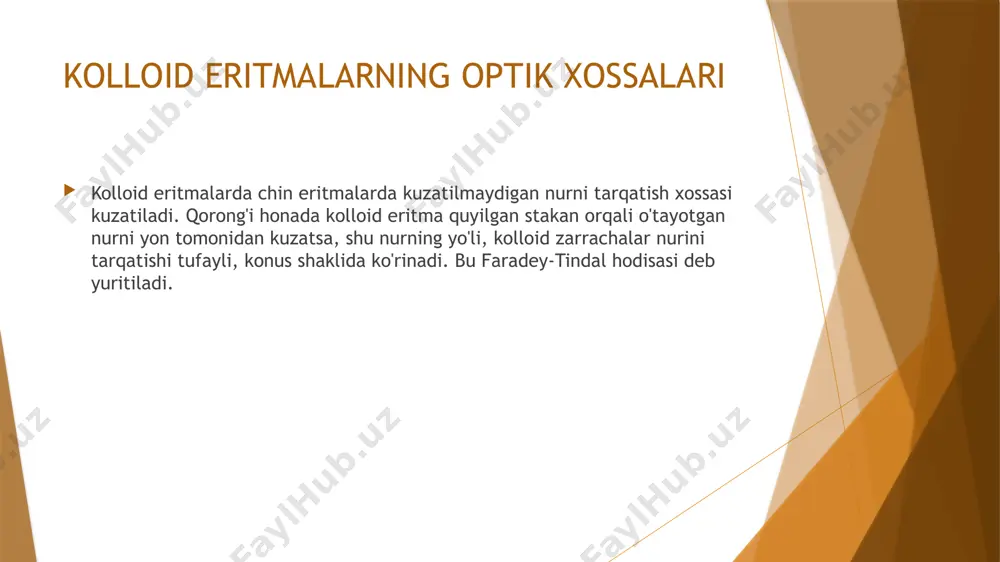 al 0,092 554,0 k2cr2o7 cr2o7 0.195 64,1 elektrolitlarning koagullovchi ta’sir mexanizmi koagullovchi ionlar zaryadi qanchalik katta bo‘lsa, ular qapama-qarshi ionlarning diffuziya qavatini shunchalik kuchli siqadi. biroq, elektrolitlarning koagullovchi ta’siri faqat diffuziya qavatini siqishdan iborat bo‘lmay, balki shu bilan bir vaqtda kolloid zarrachaga qo‘shilgan elektrolitning granulalarga qarama-qarshi zaryadga ega bo‘lgan ionlarining tanlangan adsorbsiyasi sodir bo‘ladi. ionlar zaryadi qancha yuqori bo‘lsa, ular shunchalik intensiv adsorbsiyalanadi. adsorbsion qavatda zarrachaga qarama-qarshi zaryadlangan ionlarning to‘planishi ζ-potensialining va, demak, diffuziya qavatining tegishlicha kamayishi bilan davom etadi koagullanish tezligining o‘zgarishi. ko‘pgina zollarning o‘z-o‘zidan koagullanishi ko‘pincha sekin o‘tadi. uni zarrachalar harakati tezligini oshirib tezlashtirish mumkin, bu ularga itaruvchi kuchga bardosh berishga yordam beradi. zarrachalarning harakat tezligini, masalan, temperaturani ko‘tarish yo‘li bilan oshirish mumkin. zol konsentratsiyasini oshirish yo‘li bilan ham uning koagullanishini tezlashtirsa bo‘ladi, chunki konsentratsiyaning ko‘payishi bilan mitsellalar o‘rtasidagi to‘qnashuvlar soni ko‘payadi koagullanish nuqtalarining almashinishi qo‘shilgan ko‘p zaryadli ionlar konsentratsiyasi oshirib yuborilsa, ular kolloid zarrachalarda ko‘p miqdorda adsorbilanib …