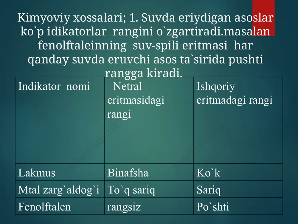 asoslarning olinishi va xossalari mavzusida bir soatlik dars - Page 5