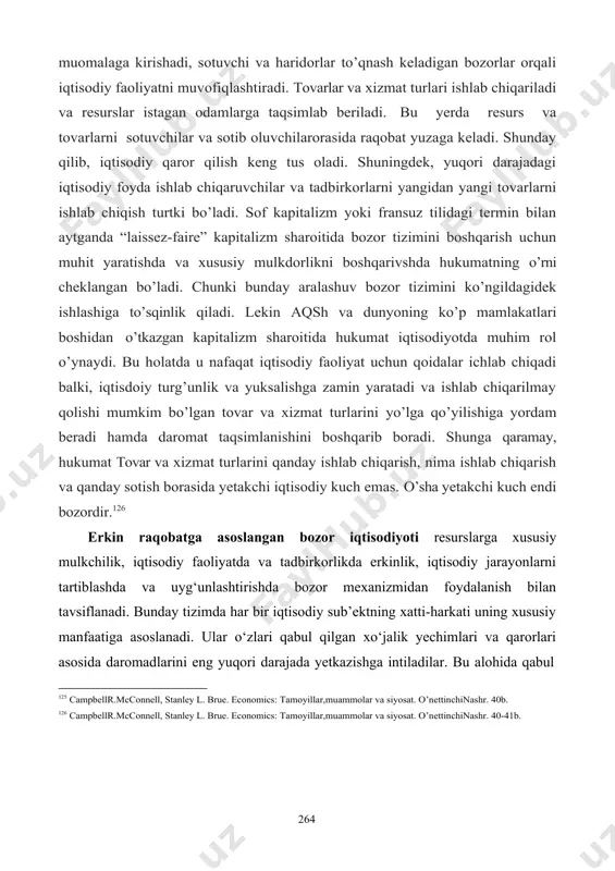 kilashtirishda va boshqarishda narx va bozorlardan foydalanish hamda resurslarga shahsiy egalik qilish bilan xarakterlanadi. bunda ishtirok etganlar o’z qiziqishlariga ko’ra harakat qiladi. insonlar va ishlab chiqaruvchilar iqtisodiy maqsadlariga tovar, iste’mol va mehnatga bog’liq qarorlari orqali erishadilar. bunday tizim kapitalga shahsiy egalikka yo’l ochadi, narxlar vositasida muomalaga kirishadi, sotuvchi va haridorlar to’qnash keladigan bozorlar orqali iqtisodiy faoliyatni muvofiqlashtiradi. tovarlar va xizmat turlari ishlab chiqariladi va resurslar istagan odamlarga taqsimlab beriladi. bu yerda resurs va tovarlarni sotuvchilar va sotib oluvchilarorasida raqobat yuzaga keladi. shunday qilib, iqtisodiy qaror qilish keng tus oladi. shuningdek, yuqori darajadagi iqtisodiy foyda ishlab chiqaruvchilar va tadbirkorlarni yangidan yangi tovarlarni ishlab chiqish turtki bo’ladi. sof kapitalizm yoki fransuz tilidagi termin bilan aytganda “laissez-faire” kapitalizm sharoitida bozor tizimini boshqarish uchun muhit yaratishda va xususiy mulkdorlikni boshqarivshda hukumatning o’rni cheklangan bo’ladi. chunki bunday aralashuv bozor tizimini ko’ngildagidek ishlashiga to’sqinlik qiladi. lekin aqsh va dunyoning ko’p mamlakatlari boshidan o’tkazgan kapitalizm sharoitida hukumat …