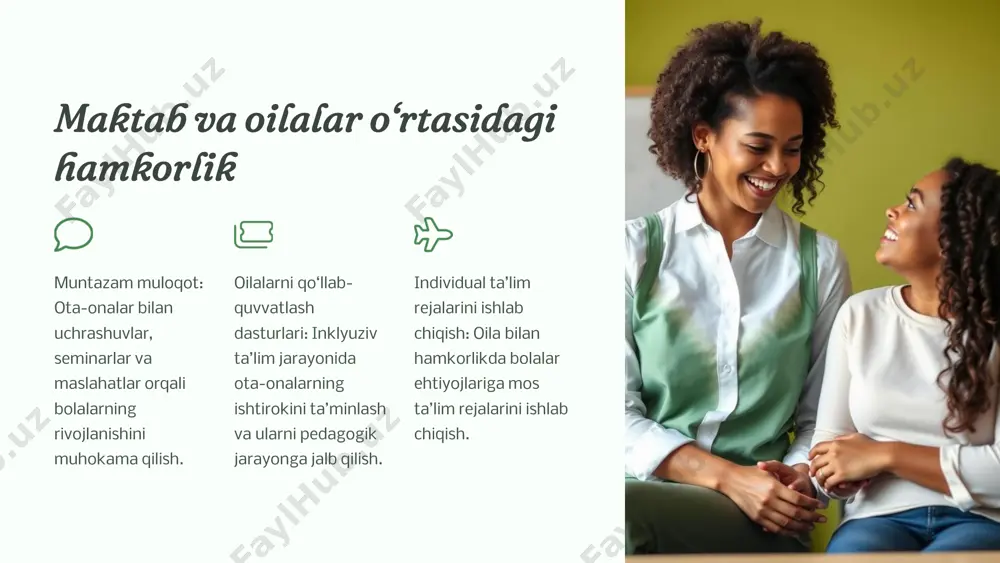 iligi. aqliy rivojlanishi saqlangan holda tayanch-xarakat tizimidagi buzilishi bo‘lgan bolalar o‘zi harakat qila oladigan yoki qo‘shimcha moslamalar va nogironlik aravachasida harakatlana oladigan bolalar serebral falaji. https://gamma.app/?utm_source=made-with-gamma preencoded.png inklyuziv ta’limga qabul qilinmaydigan bolalar aqli o‘ta zaif bolalar imbitsil, idiotiya darajasidagi oligofreniya. xulq-atvorida og‘ir buzilishlar bo‘lgan bolalar hissiy-irodaviy sohasida (organik) nuqsonlari bo‘lgan bolalar. tayanch-harakat apparatida nuqsoni bo‘lgan, mustaqil harakatlana olmaydigan bolalar o‘z-o‘ziga xizmat ko‘rsata olmaydigan bolalar. https://gamma.app/?utm_source=made-with-gamma preencoded.png inklyuziv ta’limga qabul qilinmaydigan bolalar (davomi) ko‘r-kar-soqov bolalar ko‘r, kar va soqov bo‘lgan bolalar. tez-tez takrorlanadigan epileptik tutqanoqdan aziyat chekadigan bolalar epileptik demensiya, kunduzgi va tungi vaqtlarda tutqanog‘i tez- tez takrorlanadigan bolalar. markaziy asab tizimiga shikast etganligi tufayli siydik va najasini ushllab turolmagan bolalar siydik va najasini ushlab turolmaydigan bolalar. https://gamma.app/?utm_source=made-with-gamma preencoded.png xulosa inklyuziv ta’lim barcha bolalar uchun teng imkoniyatlar yaratishga qaratilgan. ushbu tizim orqali biz jamiyatda hurmat va qabul qilish madaniyatini shakllantirishga hissa qo‘shishimiz mumkin. https://gamma.app/?utm_source=made-with-gamma preencoded.png amaliy topshiriqlar 1 muammoli vaziyat ishtirokchilarga …