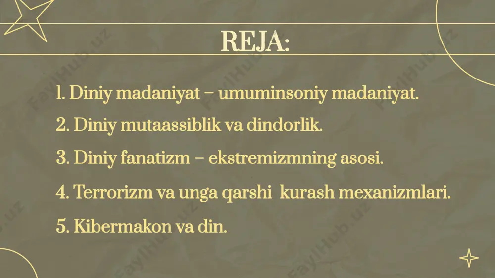 (arabcha – “aqida”, “ishonch”) – muayyan sharoitda biror- bir g’oyaga qat’iy ishonib, uni mutlaqlashtirish asosida shakllangan tartib-qoidalarni sharoit, holat, vaziyatni hisobga olmagan holda ko‘r-ko‘rona qo‘llash. diniy mutaassiblik xorijiylar o‘z talqinlaridagi “sof” islom qoidalariga qat’iy rioya qilish tarafdori edi. aynan xorijiylar o‘z qarashlariga qo‘shilmaganlarni imonsizga chiqarib, ularga qarshi “jihod” olib borib, terror uslubini qo‘lladilar. sunniylik – 90 % shialik – 9,92 % xorijiylar – 0,08 % ekstremizm - (lotincha – “aql bovar qilmas darajada”, “haddan ortiq”) jamiyat qonun-qoidalariga zid bo‘lgan radikal qarashlar va harakatlarga diniy tus berish. diniy ekstremizm terrorizm aholining keng qatlamlarida vahima va qo‘rquv uyg‘otish, jamiyatda beqarorlik keltirib chiqarish orqali davlat hokimiyatini egallash maqsadiga qaratilgan jinoiy faoliyat. terrorizm avj olgan nuqtalar: shimoliy afrika davlatlari tunis, jazoir, sudan yaqin sharq davlatlari suriya, iroq, falastin osiyo davlatlari pokiston, afg‘oniston, tojikiston boshqalar malayziya, jar, meksika, turkiya, aqsh xalqaro terrorizm – davlatlar, xalqaro tashkilotlar, diniy harakatlarni barqarorlashtirishga qaratilgan siyosiy qo‘poruvchilik faoliyati. xalqaro huquq …