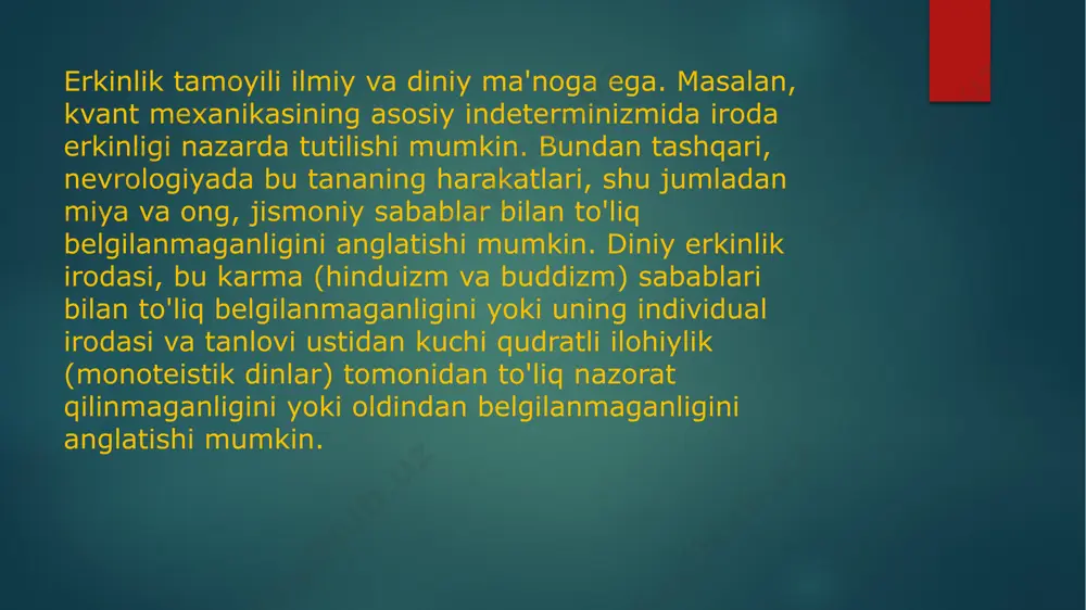 uniy konstitutsiyasi uchun birlashtiradi. ko'rinib turibdiki, bu masala qat'iy deterministlar va kompibibilistlar o'rtasidagi tortishuvning markazidir. qattiq deterministlar mos keluvchi ma'noda shaxslar "iroda erkinligi" borligini tan olishga majbur bo'ladilar, lekin ular bu iroda tuyg'usi haqiqatan ham muhimligini, ya'ni ma'naviy javobgarlikni keltirib chiqarishi mumkinligini inkor etadilar. e’tiboringiz uchun rahmat image2.png image3.png image4.png image5.png