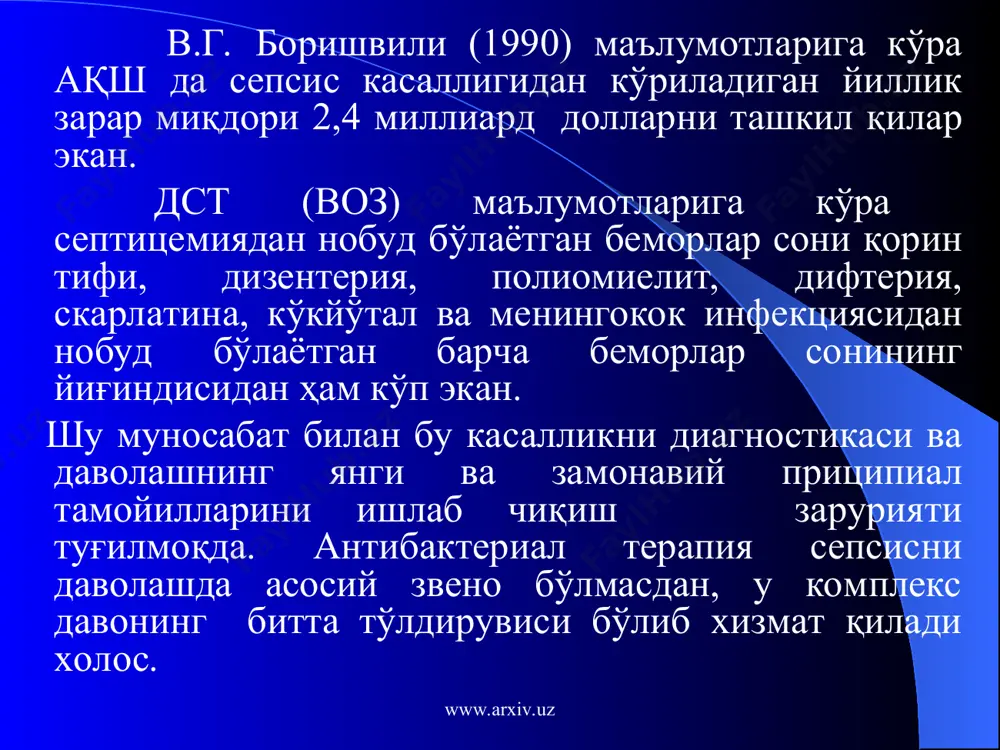 майди.; анергик реакция учун суст ифодаланган яллиғланиш жараёнлари хос. бу холат иммунитет кучли бўлган холатларда кузатилади; бунда сепсис йирингли метастазларсиз кечади. www.arxiv.uz www.arxiv.uz патологоанатомик манзараси сепсиснинг специфик морфологик ўзгаришлари бўлмасдан, иккиламчи носпецифик ўзгаришлар кузатилади; шу маълумотларни биргаликда тахлил қилиш сепсисга йўлланма бериши мумкин. аутопсия пайтида олинган бактериологик экмаларда доим ҳам сепсис тасдиқланавермайди. www.arxiv.uz www.arxiv.uz одатда йирингли тромбофлебитлар ва перифлебитлар, тўқималарнинг йирингли емирилиши, аъзо ва тўқималарга кон қуйилишлар, ички аъзоларда дегенератив ўзгаришлар, сепсис иккиламчи метастазлар билан кечган ҳолларда эса тери ости клетчаткасида, аъзо ва бўшлиқларда кўп сонли абсцесслар аниқланади. талоқ қонга тўлишган, катталашган, кесиб кўрганда септик қиринди (септический соскоб) аниқланади. микроскопик текширувда талоқ пульпасининг пролиферацияси, гемолизга учраган эритроцитларнинг кобиқлари, ва хужайралар некрози кўринади. лимфа тугунларининг катталашуви, некротик йирингли ўзак сақловчи танглай муртакларининг шишганлиги характерли. www.arxiv.uz www.arxiv.uz жигарда строманинг яллиғланиши кўринишида септик гепатит манзараси, буйракларда некротик нефроз ва септик нефрит аниқланади. мияда шиш, мия пардаларига қон қуйилиши, иккиламчи менингит ва энцефалит топилади. …