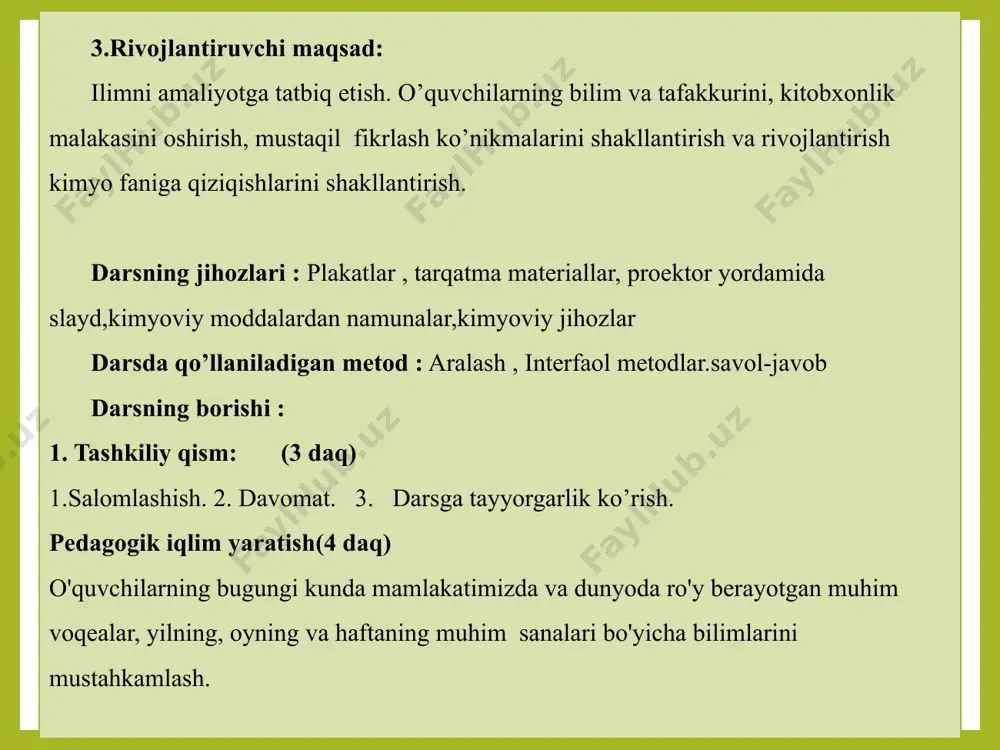 hf etildi. lekin shuni aytib o`tish kerakki, nodir gazlarning mavjudligini 1884-yilda rus olimi n.a.morozov oldindan bashorat qilgan edi. oltita nodir gaz davriy sistemada i – vi davrlarining eng ohirida joylashgan. bu elementlar atomlarining tashqi elektron qavati tugallangan bo`lib, 8 ta elektrondan (geliydan tashqari, geliyning tashqi qavatida faqat ikkita (s) elektron 1s elektron joylashgan) ns tuzilan. bu elementlar atomlarining geliydan radonga tomon yadro zaryadi, atom radiuslari, qutblanishi ortib boradi. shu qatorda bu elementlarning reaksiyaga kirishuvchanligi ham ortib boradi, ionlanish patensiali esa kamayib boradi. radonning ionlanish patensiali ksenonning ionlanish patensialidan kamroq bo`lsa ham, radioaktivligi sababli radon xossalari ksenonga nisbatan kamroq o`rganilgan. xozirgi vaqtda nodir gazlarning xossalari asosan ksenon misolida o`rganilgan. nodir gazlarning atomlarining ionlanish energiyasi juda yuqori, elektronga moyilligi esa juda kichik. ularning molekulalari odatdagi sharoitda bir atomdan tuzilgan. atomlarida juftlanmagan elektronlar bo`lsa ham, ksenon va radonning ftor bilan hosil qilgan birikmasi ( xef , xe f ), ksenonning ftor va kislorod …