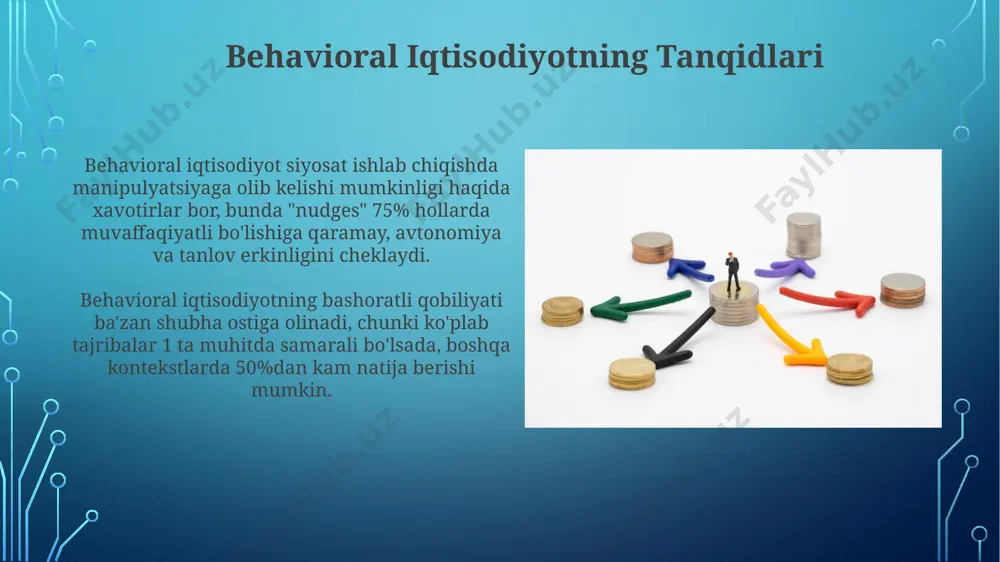 aslik uchun eslatmalar sms xabarlar orqali yuborilsa, samaradorlik 25-30% ga ortishi mumkin. behavioral iqtisodiyotning bozorlardagi ta'siri bozorlardagi taklif va talabni hisoblashda odamlarning irratsional qarorlari muhim rol o'ynaydi. masalan, 99 ming so'mlik narx 100 ming so'mdan ancha arzonroq tuyulishi "chapdan o'ngga effektiga" misol. ko'plab tadqiqotlar shuni ko'rsatdiki, "yo'qotishdan qo'rqish" odamlarni foyda olishga intilishdan ko'ra ko'proq harakatga undaydi. odamlar pulni yo'qotgandan ko'ra, 2 barobar ko'proq afsuslanishadi. xulosa va kelajakdagi istiqbollar xulosa va kelajakdagi istiqbollar behavioral iqtisodiyotning rivojlanishi kelajakda "nudging" usullaridan foydalanish orqali jamiyatning ijtimoiy farovonligini 15% gacha oshirishi, ayniqsa sog'liqni saqlash va pensiya tizimlarida muhim rol o'ynashi mumkin. behavioral iqtisodiyotga kirish behavioral iqtisodiyot 1970-yillarda paydo bo'ldi. bu iqtisodiy qarorlarni qabul qilish jarayonida inson psixologiyasining ta'sirini o'rganishga qaratilgan. bu klassik iqtisodiyotning "aqlli agent" modeliga qarshi turadi. behavioral iqtisodiyot klassik iqtisodiyotning asosiy qoidalarini, masalan, foydani maksimallashtirishni inkor etmaydi. balki, u 2 ta muhim elementni, altruizm va adolatlilikni qo'shib, ularni odamlarning xatti-harakatlariga ta'sirini o'rganadi. heuristika …