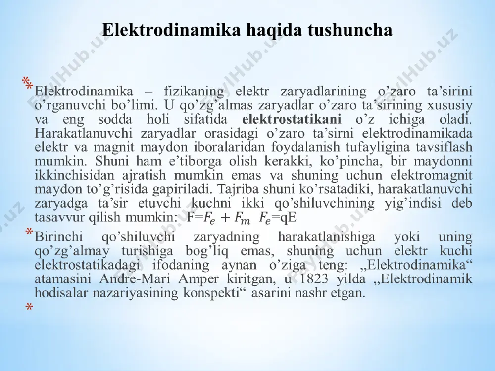 onda joylashtirilgan tokli o`tkazgichga , o`tkazgich uzunligi undan oqayotgan tok kuchi i ga va magnit maydonning induksiyasi b ga proporsional kuch ta`sir qiladi. f=bi a –o`tkazgichdagi tok va b vektor yo`nalishlari orasidagi burchak. bo`lganda kuch o`zining eng katta qiymatiga erishadi. agar o`tkazgich magnit kuch chiziqlari bo`ylab joylashgan bo`lsa a=0, sina =0 va ta`sir kuchi ham nolga teng bo`ladi. chap qo`l qoidasi. magnit maydonda joylashtirilgan tokli o`tkazgichga ta`sir qiluvchi kuchning yo`nalishini aniqlash uchun chap qo`l qoidasidan foydalaniladi. chap qo`limizni magnit maydonda shunday joylashtiraylikki, magnit induksiya chiziqlari kaftimizga kirsa , uzatilgan to`rta barmog`imiz o`tkazgichdagi tok yo`nalishi bilan mos kelsa, unda ochilgan bosh barmoq magnit maydonda joylashtirilgan tokli o`tkazgichga ta`sir etayotgan kuchning yo`nalishini ko`rsatadi. bu kuch doimo o`tkazgich yotgan tekislik va b vektoriga perpendikulyar bo`ladi. o`tkazgichning istalgan elementiga ta`sir etadigan kuchning moduli va yo`nalishini bilgan holda , superpozitsiya prinsipiga asosan , o`tkazgichga ta`sir etadigan to`la kuchni topish mumkin. amper qonuni amper qonuni — …