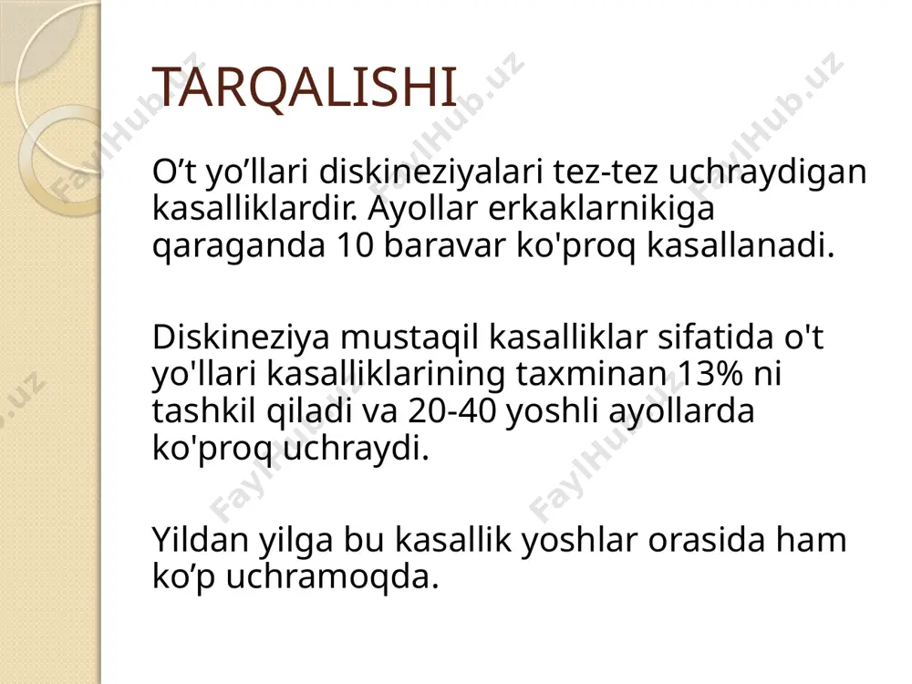 sida og'riq aniqlanadi, ortner (o'ng qovurg'ali kamar bo'ylab qo'lining chetini tekkizish), kera (o't pufagida chuqur palpatsiya) belgilari ijobiy bo'lishi mumkin. diskineziyaning gipokinetik shakllari o'ng hipokondriyumda aniq nurlanmasdan doimiy, zerikarli, og'riqli og'riqlar, o'ng gipokondriyadagi og'irlik va cho'zilish hissi bilan tavsiflanadi. odatda bemorlarda yomon ishtaha, og'izda achchiqlanish, meteorizm, ich qotish tendentsiyasi bo'lishi mumkin. palpatsiya paytida o't pufagi hududida og'riq aniqlanadi. o't yo'llari diskinezi bilan og'rigan bemorlarda ovqat hazm qilish nayi harakatining buzilishi, birinchi navbatda, irritabiy ichak sindromi, shuningdek, vegetativ -qon tomir distoni, diensefalik kasalliklar va kardialogik kasalliklar bo'lishi mumkin. klinikasi gipertonik shaklida bolalar o’ng qovurga osti sohasida yoki o’ng yo’nboshida xurujsimon, sanchuvchi ogriqqa shikoyat qiladi. kichik yoshdagi bolalar kindik atrofini ko’rsatishadi. juda kam qo’llarda og’riqlarning o’ng yelkaga, kurakka uzatilishi kuzatiladi. ushbu holat uchun yetarli darajadagi xususiyatli simptom tez yugurish yo’ki tez yurishda o’ng yo’nboshda paydo bo’ladigan kuchli sanchisimon og’riq, bu shundoq ham kattalashgan jigarning venoz qon oqib kelishining kuchayishi hisobiga yanada kattalashib, …