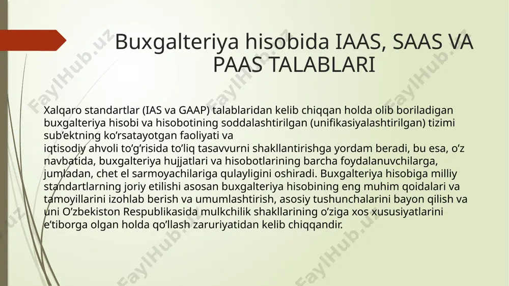 ar (standartlar). uchinchi daraja – metodik ko‘rsatmalar, yo‘riqnomalar, xatlar. to‘rtinchi daraja – korxona, tashkilotlarning metodik, texnik va tashkiliy jihatidan hisobga olish siyosatini shakllantiradigan xizmat hujjatlari. buxgalteriya hisobi va moliyaviy hisobotni isloh qilishning asosiy choralari:  buxgalteriya hisobi va moliyaviy hisobotning umumuslubiy asoslarini qayta ko‘rib chiqish va uni jahon tajribasida umumqabul qilingan asoslariga muvofiq keltirish;  foydalanuvchilarni moliyaviy xususdagi foydali ma’lumot bilan ta’minlovchi bhms va moliyaviy hisobotlar tizimini shakllantirish;  buxgalteriya hisobi va moliyaviy hisobotni isloh qilishda ularni xalqaro standartlar bilan uyg‘unlashtirish va o‘zaro bog‘liqligini ta’minlash; xo‘jalik yurituvchi subyektlarga zamonaviylashtirilgan va mhxslariga yaqinlashtirilgan buxgalteriya hisobining va moliyaviy hisobotlarni tuzishning milliy tizimi modelini tushunishda va joriy qilishda uslubiy yordam ko‘rsatish;  mhxslar talablarini hisobga olgan holda ishlab chiqilgan o‘quv dasturlari asosida buxgalteriya hisobi sohasida kadrlarni sifatli tayyorlash va qayta tayyorlash. e’tiboringiz uchun rahmat!!! image1.png image2.jfif image3.png image4.jfif image5.jfif image6.jfif image7.jfif /docprops/thumbnail.jpeg