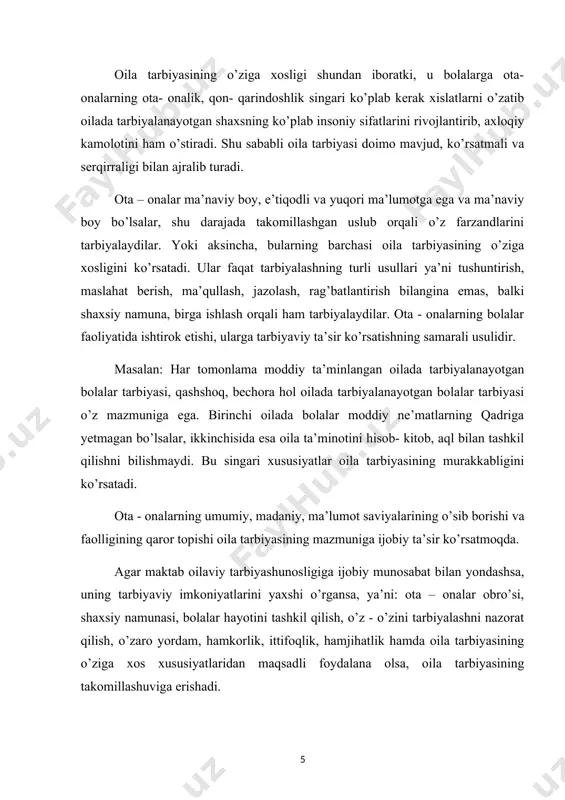 alarda bolalar o’zaro narsalarni teng bo’lishda adolat tarozisi asosida taqsimlashga odatlanadilar. konstitusiyaning 64-moddasida «ota - onalar o’z farzandlarini voyaga yetgunlariga qadar boqish va tarbiyalashga majburdirlar» va 66- moddasida «voyaga yetgan, mehnatga layoqatli farzandlar o’z ota- onalari haqida g’amxo’rlik qilishga majburdirlar» deb ta’kidlanadi. kattalarga hurmat va bo’ysinish o’zbek oilalaridagi an’anaviy tarbiya uslublaridan biridir. oilada bolalarni to’g’ri tarbiyalash, ota- onalarning va katta yoshdagi barcha kishilarning namunasi bola shaxsini shakllantiruvchi, uning dunyoqarashiga, xulq- atvoriga, jamoa orasida o’zini tuta bilishga o’rgatuvchi omildir. aynan oila bolani qadam qo’ydiradi, uning o’ziga xos xususiyati va ma’naviy qiyofasining shakllanishiga asos soladi. oilaviy tarbiyaning tub maqsadi, mazmuni bolalarni umuminsoniy xulq mezonlariga rioya qilgan holda ularni bo’lajak mehnat faoliyatiga tayyorlashdan iboratdir. bulardan tashqari ularning g’oyaviy-siyosiy, madaniy oqartuv sohadagi qiziqishlariga e’tibor beriladi. bu sohada turli oilalarda berilayotgan tarbiyaning bir-biridan farqi borligini ham unutmaslik kerak. bizningcha, o’zbek oilalarida mehnat tarbiyasi berish va kasbga yo’naltirish quyidagi to’zilish va mazmunda olib boriladi deyish mumkin: …