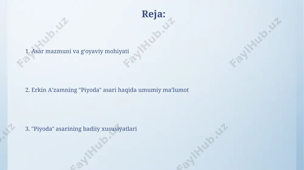 rga oʻzbek adabiyotining 20-asr boshlarida yuz bergan ijtimoiy-siyosiy voqealarni tushunishda yordam beradi, milliy ong va gʻoyalarni shakllantirishga hissa qoʻshadi. "piyoda"dagi ijtimoiy muammolar asarda 10 dan ortiq turli ijtimoiy guruhlar tasvirlangan bo‘lib, ularning o‘rtasidagi munosabatlar, tengsizlik va marginalizatsiya muammolari aniq ko‘rsatiladi. erkin aʼzam “piyoda”da 5 yildan ortiq davom etgan ijtimoiy tadqiqotlar natijalarini aks ettirib, milliy mentalitet va uning ijtimoiy muammolarga ta’siri haqida fikr bildiradi. voqealarning rivojlanishi va syujet chizigʻi asar syujeti xronologik tartibda emas, balki flashback texnikasi orqali 2-3 xotiralar orqali hikoya qilinadi, bu esa o'quvchini voqealarga chuqurroq kirishini ta'minlaydi. “piyoda”da voqealar 3 asosiy qismga boʻlinadi: qahramonning uyidan chiqishi, yoʻlda duch kelgan qiyinchiliklar va nihoyat maqsadiga yetishga urinishi. bu uch bosqich syujetning tarangligini oshiradi. "piyoda"ning adabiy ahamiyati asar, birinchi navbatda, tilning boyligi, obrazliligi va murakkab sintaksis tuzilmalari bilan ajralib turadi, bu esa uning adabiy qiymatini oshiradi va oʻziga xos badiiy uslubni namoyon etadi. “piyoda” romani oʻzbek romanchiligining 20-asr 2-yarmining ijtimoiy-psixologik janriga …