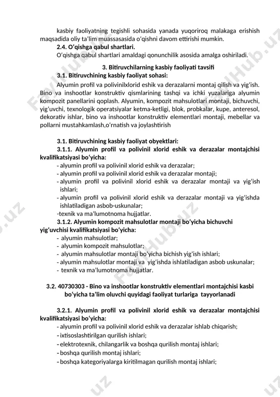 ladigan turli masalalar echimini topish usullarini tanlay olish; uk-2. rahbar tomonidan belgilangan maqsadga erishish uchun jamoada ishlay olish; uk-3. o‘zining kasbiy malakasini va shaxsiy kamolotini takomillashtirib borish; uk-4. jamoada va ma’lum vazifani bajarishga yo‘naltirilgan guruhda ishlash, hamkasblar, rahbarlar va mijozlar bilan samimiy, xushmuomala va samarali muloqot qilish; uk-5. ta’lim olgan tilida fikrini og‘zaki va yozma ravishda ravon bayon qilish; uk-6. umuminsoniy fazilatlarga ega bo‘lish, o‘z millatini va vatanini sevish, u bilan faxrlanish, milliy urf-odatlar, qadriyatlarni hurmat qilish; uk-7. professional vazifalarni samarali bajarish uchun zarur bo‘ladigan ma’lumotlarni qidirish; uk-8. kasbiy faoliyatida axborot-kommunikatsiya texnologiyalarini qo‘llash; uk-9. kasbga doir hujjatlar bilan ishlash; uk-10. kasbiy faoliyatda xavfsizlik texnikasi va mehnat muhofazasi qoidalariga amal qilish ko‘nikmalariga ega bo‘lish uk-11. sanoat va nosanoat tashkilotlarda vujudga keladigan chiqindilarni atrof-muhitga zarar yetkazmaslik choralarini koʻrish va utilizatsiya qilish; uk-12. sohaga oid ekologik madaniyatga rioya qilgan holda faoliyat olib borish. 4.2. 40730303 - bino va inshootlar konstruktiv elementlari montajchisi ta’lim …