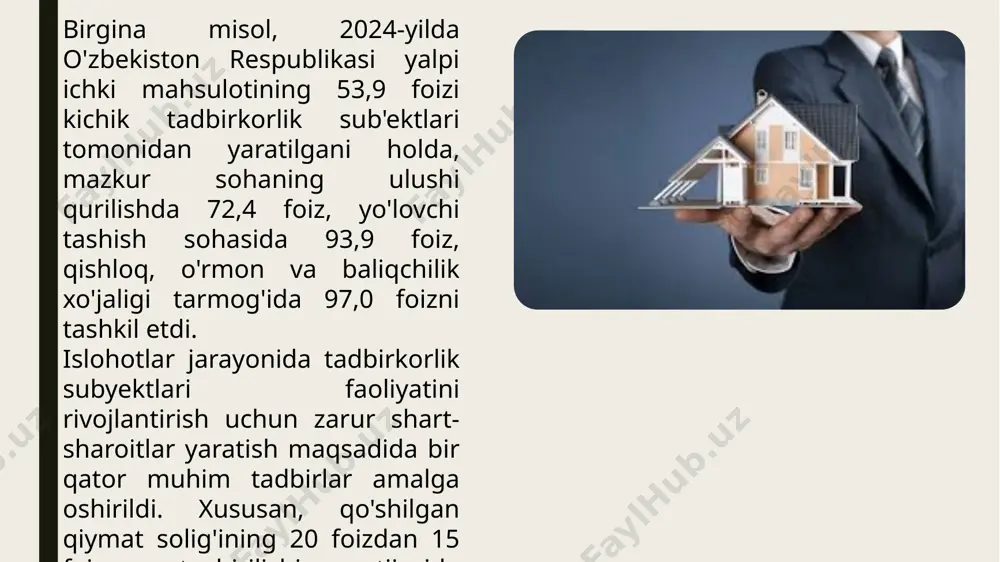 i ko‘paytirish uchun tadbirkorlarda 6 milliard dollar qo‘shimcha kreditlarga ehtiyoj mavjud. bu haqda 3 mingga yaqin murojaat kelib tushgan. ikkinchi – 1,5 ming tadbirkor soliq ma’murchiligining murakkabligi va tekshiruvlar bo‘yicha o‘z e’tirozlarini bildirgan. uchinchi – tadbirkorlik uchun sharoitlar barcha tuman va shaharlarda ham bir xil emas. buni yaqinda joriy etilgan hududlarning investitsiyaviy reytingi yaqqol ko‘rsatib berdi. barcha tuman va shaharlarda tadbirkorlikni teng rivojlantirish bo‘yicha har bir hudud uchun alohida yondashuvlar zarur. to‘rtinchi – infratuzilmaga ulanish, yer va joy ajratish masalalari bo‘yicha biznes vakillarining ko‘plab muammolari hal etilmasdan turibdi. bu borada ham 2 mingdan ortiq murojaatlar bor. beshinchi – mulk daxlsizligi, tadbirkorlik faoliyatiga aralashish ham biznes vakillarini jiddiy tashvishga solayotgani sir emas. 2023 yil 1 yanvardan boshlab mikro biznes uchun aylanmadan olinadigan soliqning amaldagi 4 foizdan 25 foizgacha bo‘lgan stavkalari o‘rniga yagona 4 foizli soliq stavkasi joriy etildi. bunda olis hududlardagi va alohida toifadagi tadbirkorlar uchun amaldagi 1 va 2 foizli …