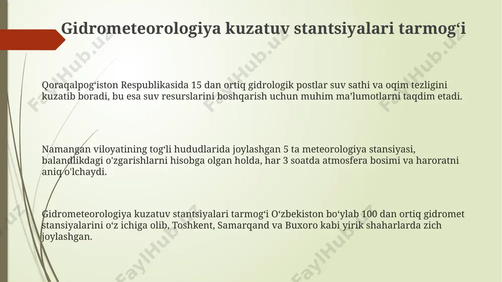 zlash xizmati toshkent, samarqand va buxoro kabi yirik shaharlarda 24 soatlik ob-havo prognozlarini, shuningdek, 5 kunlik prognozlarni taqdim etadi va bu prognozlar 15 minutlik interval bilan yangilanadi. xizmat mamlakat bo'ylab 100 dan ortiq meteorologiya stantsiyalaridan olingan ma'lumotlarga, shu jumladan, havo harorati, namlik va shamol tezligi kabi parametrlarga tayanadi. bu ma'lumotlar prognozlarning aniqligini oshirish uchun ishlatiladi. ob-havo prognozlash xizmati, shuningdek, qishloq xo'jaligi, aviatsiya va suv xo'jaligi kabi turli sohalar uchun maxsus ob-havo prognozlarini, 3 kunlik prognozlarni taqdim etadi va bu ma'lumotlarni respublikaning 12 viloyatiga yetkazib beradi. qonunchilik va meʼyoriy hujjatlar bazasi uzbekistanning “gidrometeorologik ma’lumotlarni taqdim etish to‘g‘risida”gi 2010-yildagi qarori, toshkent shahrida joylashgan gidrometeorologiya markazining ma’lumotlar bazasiga kirish va foydalanish tartibini belgilaydi. o‘zbekiston respublikasining “gidrometeorologiya to‘g‘risida”gi qonuni, 2000-yilda qabul qilingan bo‘lib, mamlakatdagi meteorologiya xizmatining faoliyatini tartibga soluvchi asosiy hujjat hisoblanadi va 15 dan ortiq moddadan iborat. respublikaning 12 ta viloyati va toshkent shahrida joylashgan 30 dan ortiq gidrometeorologiya stansiyalari faoliyati “davlat standartlari”ga …
