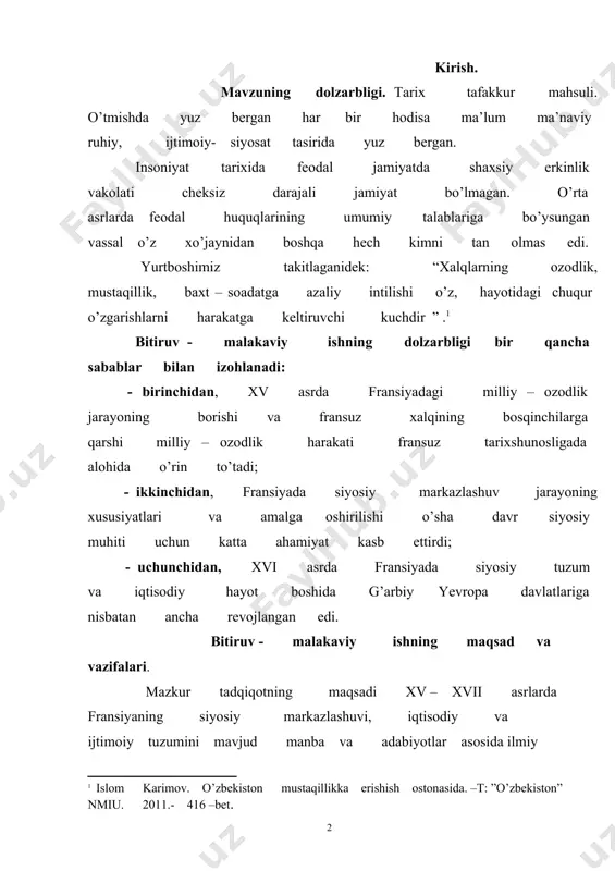 hidan, xvi asrda fransiyada siyosiy tuzum va iqtisodiy hayot boshida g’arbiy yevropa davlatlariga nisbatan ancha revojlangan edi. bitiruv - malakaviy ishning maqsad va vazifalari. mazkur tadqiqotning maqsadi xv – xvii asrlarda fransiyaning siyosiy markazlashuvi, iqtisodiy va ijtimoiy tuzumini mavjud manba va adabiyotlar asosida ilmiy tahlil qilish. yuqoridagi asosiy maqsaddan kelib chiqib qo’ydagi vazifalar yechiladi: - xv asrda fransiyadagi milliy – ozodlik jarayonining borishi va fransuz xalqining bosqinchilarga qarshi milliy - ozodlik harakatini ilmiy tahlil qilish; - fransiyada siyosiy markazlashuv jarayonning xususiyatlari va amalga oshirishni sabablarini aniqlash; - xvi asrda fransiyada siyosiy feodal tuzum va iqtisodiy hayot manzaralarini yoritib berish; - fransiyada diniy urushlar va siyosiy diniy guruhlar faoliyatini qiyosiy tahlil qilish; - xvii ars fransiyada mutloq manorxiyaning tiklanishi va uning o’ziga xos xususiyatlarini yoritib berishdan iborat. mavzuning o’rganilish darajasi. g’arbiy yevropa mamlakatlarining xv - xvii asrlardagi ijtimoiy - iqtisodiy, siyosiy va madaniy taraqqiyoti masalalarini o’rganish doimo tarixchi olimlar tomonidan o’rganib …