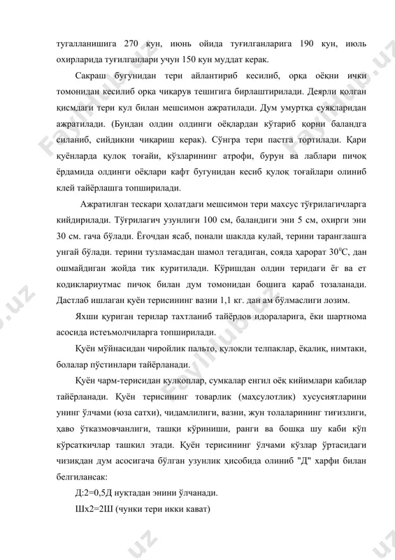 500 дан зиёд йирик 1300 дан 1600гача 1200 дан 1500 гача майда 1300 ва кам 1200 ва кам давлат андозасига кўра қуён мўйна териси сифат кўрсаткичларига кўра 4 та навга бўлинади. 1. - навга терида килтик ва тивит толалари етилган терилар киради. терини ички томони тоза бўлиши керак. баъзан камгина килтик ва тивит толалари етилмаган, шунингдек ички қисмида қисмида кўпчилик белгилари озигина бор бўлсада турининг умумий юзасига нисбатан 1% дан ошмаса хам 1 - навга ўтказилади. 2. - навга теридаги килтик ва тивит толалари тўлиқ етилмаганлари киради. терини ички қисмида тўлиқ ёки парчалардан иборат кукишлик белгилари мавжуд. бўлсада, ягрин қисми тоза бугланлари киради. баъзан - 1 - навга хос, лекин жун қоплами сийрак ва юпқа терилар ҳам бу навга киради. 3. - навга қуён мунасидаги килтик ва тивит толалари тула етилмаган, терини этли қисми ёппасига, ёхуд парча-парча кукишлик кўринишадаги терилар киради. 4. - навга сийрак килтик ва тивит толаси, жадал …