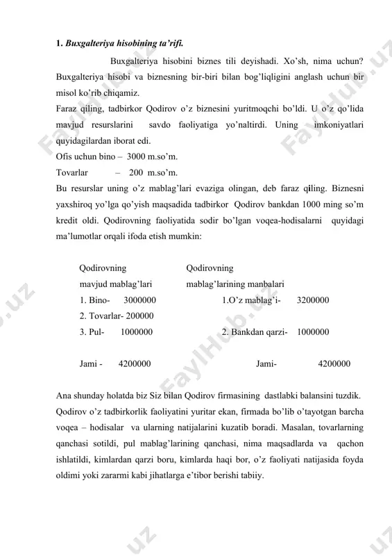 emas, balki xo’jalikdagi umumiy hisob tizimining bir bo’lagi sifatida o’rganishadi. хo’jalik yurituvchi sub’ekt faoliyatini yuritishning zaruriy omillaridan biri uni doimo kuzatib turish hisoblanadi. ana shu kuzatishni xo’jalik hisobi amalga oshiradi. хo’jalik faoliyatini boshqarish va uning amalga oshirilishi ustidan nazorat o’rnatish uchun esa faqat kuzatishning o’zi etarli emas. kuzatish nati-jasida olingan ma’lumotlarni o’lchash, ya’ni ma’lum bir miqdoriy ko’rsatkichlarda ifoda etish lozim. so’ngra bu ko’rsatkichlarni shunday qilib ro’yxatga olish ke-rakki, toki ulardan xo’jalikni boshqarish maqsadida har qanday vaqtda foy-dalanish imkoni paydo bo’lsin. kuzatish, o’lchash va ro’yxatga olish orqali miqdoriy ifoda etish xo’jalik hisobining asosiy mazmunini tashkil etadi. shunday qilib, xo’jalik hisobi – bu umuman xo’jalik yurituvchi sub’ektlar faoliya-tining hisobi ekan. хo’jalik hisobi tushunchasi buxgalteriya hisobi tushunchasiga nisbatan kengroq tushuncha bo’lib, u o’z tarkibiga ko’ra hisobning uchta turini qamrab oladi: 1. тezkor hisob. 2. statistik hisob. 3. buxgalteriya hisobi. ularning qisqacha mazmuni, vazifasi hamda bir- biridan asosiy farqla-rini quyidagicha tavsiflash mumkin. тezkor hisob …