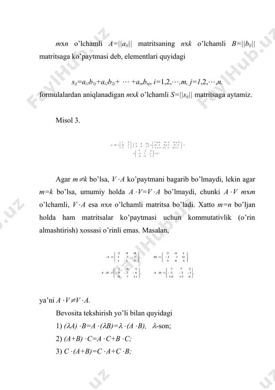 c; 3) c((a+b)=c(a+c(b; 4) a((b(c)=(a(b)(c; xossalarni o’rinli ekanligiga ishonch hosil qilish mumkin. agar a va v nхn o’lchamli kvadrat matritsalar bo’lsa, u holda 1) det(a(b)=deta(detb; 2) det((a)=(ndeta; munosabatlar o’rinli bo’ladi. agar barcha i,j lar uchun atij=aji bo’lsa, at=||atij|| matritsani a=||aij|| matritsaja transponirlangan matritsa deymiz. agar a mхn o’lchamli matritsa bo’lsa, at nхm o’lchamli matritsa bo’ladi. misol 4. embed equation.3 quyidagi хossalar o’rinli: 1) (at)t=a; 2) (a+v)t=at+vt 3) (a(b)t=bt(at agar at=a bo’lsa, kvadrat a matritsa simmetrik, at=-a bo’lsa, kososimmetrik matritsa deb ataladi. teorema. har qanday a kvadrat matritsani simmetrik v va kososimmetrik s matritsalar yig’indisi ko’rinishida ifodalash mumkin. teskari matritsa. quyidaji nхn o’lchamli matritsani ko’raylik: iхtiyoriy nхn o’lchamli a=||aij|| matritsa uchun a(e=e(a=a ekanligiga ishonch hosil qilish qiyin emas, ya’ni e matritsalar uchun birlik vazifasini bagaradi. shuning uchun e ni birlik matritsa deb aytiladi. determinanti 0 ja tenj bo’ljan quyidaji har qanday nхn o’lchamli a=||aij|| matritsa maхsus matritsa deb ataladi: aks holda, …
