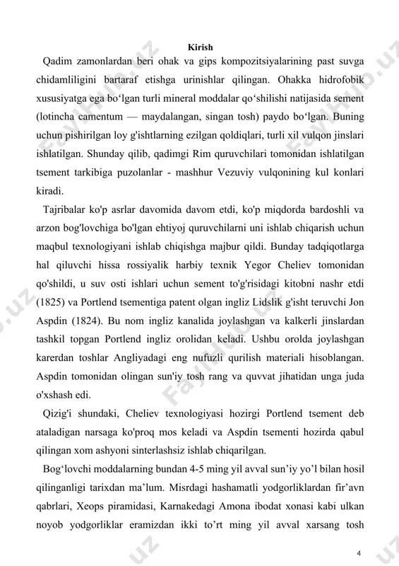 bundan 4-5 ming yil avval sun’iy yo’l bilan hosil qilinganligi tarixdan ma’lum. misrdagi hashamatli yodgorliklardan fir’avn qabrlari, xeops piramidasi, karnakedagi amona ibodat xonasi kabi ulkan noyob yodgorliklar eramizdan ikki to’rt ming yil avval xarsang tosh elementlari vositasida qurilgan. vatanimizda bog‘lovchi moddalar (asosan, ohak va gips) ishlab chiqarish sanoati tosh materiallarni inshootlarda o’qlabkelinganligi asosida vujudga keldi. masalan shahar devorlari, minoralar, masjid vaqasrlar, buxoro, samarqand, xiva yodgorliklari kabi inshootlarning qurilish materiallariga bo’lgan extiyojini oshirgan. xorazm choratrofi qalin devorlar bilan o‘rab chiqilgan to‘rtta silindr minoradan iborat edi. minoraning usti tep-tekis qilib ishlangan. bunday inshootlarni qurishda qo‘shilmalar bilan ishlangan ganch qorishmasi va gil tuproqdan pishirilgan yapaloq g‘ishtlar hamda tabiiy toshlar ishlatilgan. markaziy osiyoda bundan bir necha ming yil muqaddam sirlangan spool buyumlar tayyorlash sopol san’atining muhim tarmoqlaridan biri edi. kulollar gildan turli-tuman buyumlar yasab, ularni har xil chidamli ranglar bilan bezaganlar. x asrda farg‘ona va samarqandda yasalgan spool buyumlardan birnecha nusxasi topilgan. ularda gilli …
