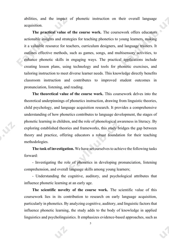s and contains important information and salvation of the pointed duties of the work. chapter i. relevance of teaching phonetics to young learners 1.1. importance of phonetics in language acquisition phonetics plays a crucial role in language acquisition as it provides the foundation for understanding and producing the sounds of a language. its significance is evident in the following areas: phonetics enables learners to recognize and differentiate between the distinct sounds (phonemes) of a language[1,45]. this understanding is vital for clear communication, as it helps avoid misinterpretation caused by incorrect pronunciation. by studying the articulation and production of sounds, learners can improve their pronunciation and acquire an accent closer to native speakers. this is particularly important in second-language (l2) acquisition, where accurate pronunciation affects comprehension and fluency. phonetics enhances learners' ability to perceive and process spoken language. understanding phonetic nuances, such as intonation, stress, and rhythm, helps learners decode meaning …
