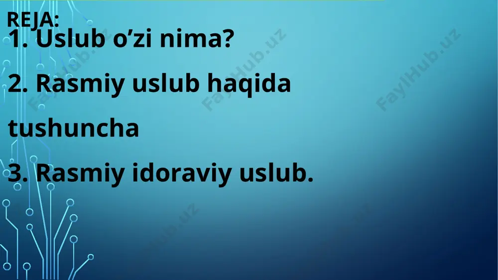 hqa usul bilan, masalan, mazkur nomni to‘lig‘icha bosh harflar bilan yozish orqali ham ajratib ko‘rsatish mumkin. lekin hujjatning nomi bo‘lganligi uchun (sarlavhalardagi kabi) undan so‘ng nuqta qo‘yish shart emas. rasmiy idoraviy uslub. adabiy tilning yozma rasmiy shakliga xos bo‘lib, muayyan nutqiy qolip, qat’iy odat tusiga kirib qolgan shakllarga ega bo‘lgan nutq uslubi rasmiy uslub sanaladi. barcha qonunlar, prezident farmonlari va hukumat qarorlari, turli hujjatlar, ish qog‘ozlari, idoralararo yozishmalar va shu kabilar rasmiy-idoraviy uslubda yoziladi. rasmiy uslub tilining asosiy xususiyati aniqlik va ixchamlikdir, unda muayyan nutqiy qoliblar, kasb-hunar so‘zlari, atamalar, tayyor sintaktik qurilmalar keng qo‘llanib nutqning aniq va ravshan ifodalanishini ta’minlaydi. bu uslub, shuningdek, davlat arboblari o‘rtasidagi diplomatik munosabatlarda, idora,korxona, muassasalarning rasmiy ish yuritish jarayonlarida, shaxslarning ariza, tilxat, ishonch qog‘ozi singari ish yuritish qog‘ozlarida qo‘llaniladi. e’tiboringiz uchun raxmat! image1.png image3.png image4.png /docprops/thumbnail.jpeg