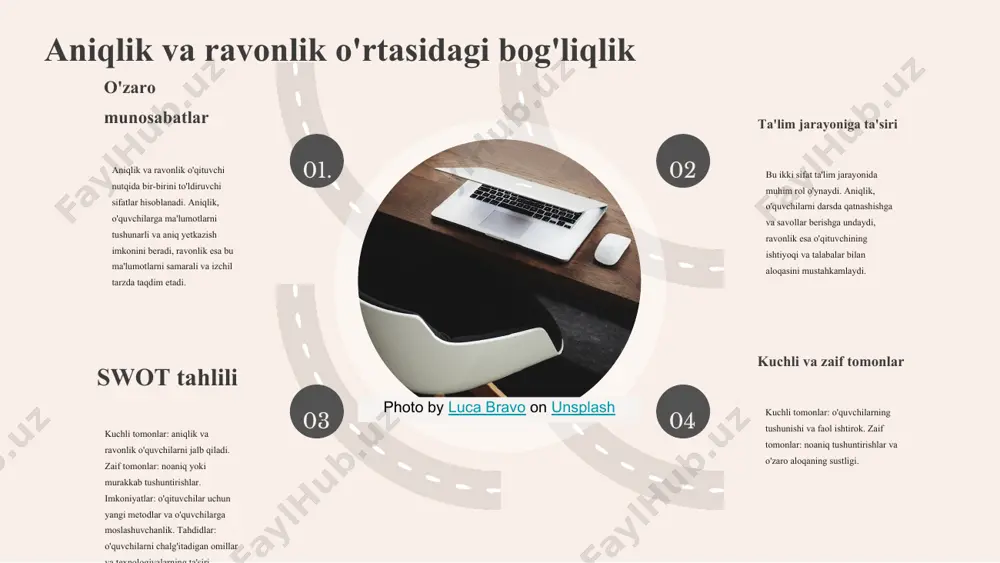 uvchi o'z nutqida uyg'un ohang va ritmni saqlashi, jismoniy til va mimikadan foydalanishi kerak. tavsiyalar o'qituvchilarga tavsiya etiladi: his-tuyg'ularni samimiy ifodalash, talabalarga e'tibor berish va muvofiqlikni ta'minlovchi so'zlar tanlashi zarur. photo by luca bravo on unsplash 02. 04. 01. 03. xulosa o'qituvchi nutqi aniqlikni ta'minlaydi, o'quvchilarga yaxshiroq tushunishga yordam beradi. ravonlik o'zaro muloqotni oshiradi, o'quvchilarga fikrlarini ifodalash imkonini beradi. ta'sirchan nutq o'quvchilarning diqqatini jalb qiladi va faol ishtirok etishga undaydi. o'qituvchilar emotsional aloqani rivojlantirib, muvofiq muloqot qilish imkonini yaratishlari kerak. e'tiboringiz uchun rahmat! image1.jpeg image2.png image3.png image4.png image5.png image6.png image8.jpg image7.png