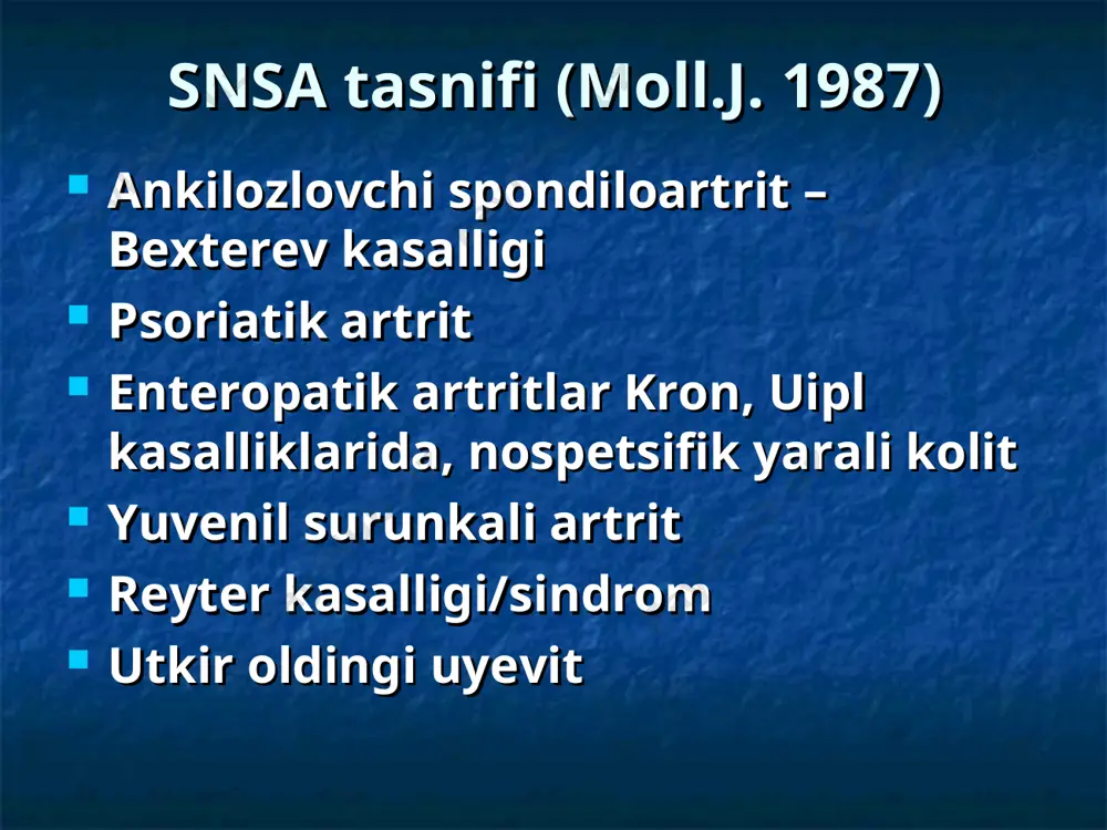 raja: mehnat qobiliyatining butunlay yukolishiga olib keluvchi umurtqa hamma bo'limlari va tos-son bo'g'imlarining ankilozi yoki o'z-o'ziga xizmat qila olmaslik * * ankilozlovchi spondilo-artritda bemorning “so'rovchi” holati * sakroileitning rentgenologik belgilari * ankilozlov-chi spondilo-artritda umurtqa pog'onasida- gi rentgeno-logik o'zgarishlar * аs da davolash dasturi rejim yaqnvni qo'llash sulьfasalazin bilan davolash. spazmga qarshi miorelaksatsiyalovchi davo shjt, massaj, fizioterapevtik davo sanator-kurort davo * reaktiv artritlar ( reа ) bo'g'imlarning «steril» kasalliklari bo'lib, bo'g'imdan tashqaridagi infektsiyaga javob tarzida rivojlanadi va bo'g'imdan kasallikka sabab bo'lganligi taxmin qilingan omilni ajratib olish mumkin bo'lmaydi. keyingi vaqtda rea lar guruhiga faqat siydik yo'llari va jinsiy yullar, hamda ichak infektsiyasi bilan bog'liq va gistomuvofiqlik antigeni hla-b27 bilan assotsiatsiyalanadigan, seronegativ spondiloartropatiyalar razryadiga kiritilgan kasalliklarni kiritishga bo'lgan tendentsiya kuzatilmokda. * tasnifi etiologiyasiga ko'ra realarning 2 guruhi farqlanadi: urogenital (qo'zg'atuvchisi: xlamidiyalar, ureaplazma) enterokolitik (qo'zg'atuvchisi : iyersiniyalar, shigellalar, salьmonellalar) * tarqalishi ramn revmatologiya instituti ma'lumotlariga ko'ra rea barcha revmatik kasalliklarning 10-14% ini tashkil …