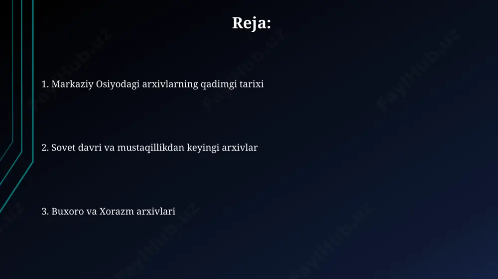 hokimiyati davrida maxfiy hujjatlarning ko'payishi kuzatildi, ularning aksariyati siyosiy repressiya, ijtimoiy-iqtisodiy rejalashtirish va milliy siyosatga oid bo'lib, arxivlarning nazorat funksiyasini kuchaytirdi. arxiv hujjatlarining saqlanishi va himoyasi 19-asr oxiri – 20-asr boshlarida rossiya imperiyasi davrida arxiv hujjatlarini kataloglashtirish va tasniflash boʻyicha birinchi tizimli ishlar boshlandi, bu esa 100 mingdan ortiq hujjatni tartibga keltirishga imkon berdi. sovet davrida, arxiv hujjatlarini himoya qilish uchun maxsus mikrofilmlar va boshqa texnologiyalar qoʻllanila boshlandi, bu esa 50% dan ortiq hujjatlarning yoʻqolishining oldini oldi. shaxsiy arxivlar va ularning ahamiyati 1920-1930 yillar davrida ko‘plab shaxsiy arxivlar siyosiy repressiyalar tufayli yo‘q qilingan yoki konfiskatsiya qilingan bo‘lib, bu esa keyingi avlodlar uchun tarixiy manbalar yo‘qotilishiga olib keldi. shaxsiy arxivlar o‘rta osiyoda 19-asr oxiri, 20-asr boshlaridan boshlab intellektual elita, siyosatchilar va ijodkorlar orasida keng tarqala boshladi, ularning milliy madaniyatni saqlashdagi ahamiyati beqiyosdir. rossiya imperiyasi davridagi arxivlarning tashkil etilishi rossiya imperiyasi davrida, 19-asrning ikkinchi yarmida, viloyat arxivlari tizimi yaratildi, bu esa mahalliy …