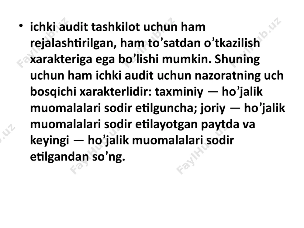 tarizatsiya o’tkazish tartibi mavjudligini hamda bu tartibning tarkibi uslubiy ko’rsatma talablariga mos kelishini tekshirishi shart. ishchi inventarizatsiya komissiyasining vazifalari quyidagilardir korxonaning mulk va pul mablag’lari inventarizatsiyasini o’tkazish inventarizatsiya natijalarini aniqlashtirishda qatnashish tovar-moddiy qiymatliklar va pul mablag’lari saqlashni tashkil qilish bo’yicha berilgan takliflarni ishlab chiqish inventarizatsiya o’tkazilayotgan ob’yekt, inventarizatsiya ro’yhati va inventarizatsiya o’tkazilayotgan ob’yektni o’rganish natijalari bayonnomasini rasmiylashtirish ishchi inventarizatsiya komissiyasining vazifalari quyidagilardir: ushbu ob’yektda qanday vaqt oralig’ida inventarizatsiya o’tkazilganligini aniqlash ushbu ob’yektda avval o’tkazilgan inventarizatsiya bo’yicha buxgalteriya hujjatlarini tekshirish tovar-moddiy boyliklarning nomenklaturasi va hajmi bilan tanishib chiqish qimmatbaho tovar-moddiy boyliklarni aniqlash tovar-moddiy boyliklarni hisobga olishning mavjud bo’lgan tizimini tahlil qilish boyliklarni hisobga olish tizimidagi kuchli va kuchsiz tomonlarni aniqlash inventarizatsiyalar o’tkazish va inventarizatsiya materaillarini tekshirishda quyidagi xatoliklarga yo’l qo’yilishi mumkin inventarizatsiyaning noqonuniy o’tkazilishi (inventarizatsiya komissiyasi to’g’risidagi buyruqlarning mavjud bo’lmasligi, komissiya tarkibida moddiy javobgar shaxslarning mavjud emasligi); inventarizatsiya o’tkazilayotganda alohida komissiya a’zolarining almashtirilishi inventarizatsiya komissiyasi raisining moddiy javobgar shaxsdan belgilangan shakldagi …