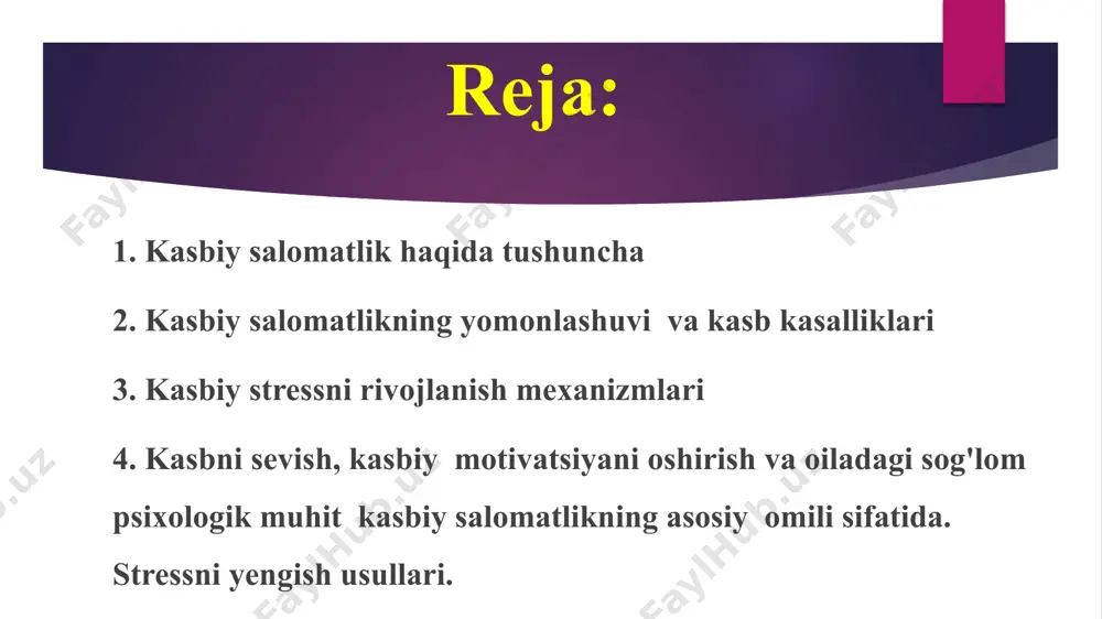 an o'zbekiston sanitariya, gigiena va kasb kasalliklari ilmiy texnologiyalari instituti shug'ullanadi. kasbiy stress kasbiy stress mutaxassisning kasbiy salomatligiga katta ta'sir ko'rsatadi. bu esa o'z navbatida spetsifikatsiyasi jixatidan 2ga bo'linadi : 1. hayotdagi stres 2. ishdagi stress kasbiy stress kasbiy stress kasbiy faoliyat jarayonida yuzaga keladi va kasbiy faoliyat turi va o'ziga xos xususiyatlariga bog'liq bo'lgan o'ziga xos xususiyatlarga ega. kasbiy stress kasbiy stressni rivojlantirishning 2 ta mexanizmi 1. ishdagi stressining to'planishi kasb egasining keskin tabiati va tadbirlar 2. strauss ekstremal vaziyatlardan keyin (to'qnashuv xavf hayot va salomatlik) kasbiy stress kasbiy stressning asosiy oqibatlari kasbiy faoliyat jarayonida va sharoitlari bilan bog'liq holda yuzaga keladigan turli xil salbiy ruhiy holatlarni o'z ichiga oladi: - charchoq va ortiqcha ish, hissiy stress, psixonevrotik reaktsiyalar; - aqliy moslashuvni buzishning o'tkir shakllari. kasbiy stress psixosomatik reaktsiyalar: -immunitetning pasayishi, bo'sh vaqtlarda dam olishning mumkin emasligi; - uyqusizlik, jinsiy buzilishlar, bosimning oshishi, taxikardiya, bosh og'rig'i; - umurtqa pog'onasidagi …