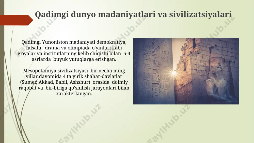 xos tillari, urf-odatlari va san'ati bo'ladi, lekin ular umumiy sivilizatsion xususiyatlarni baham ko'rishadi. sivilizatsiyalar ko'pincha geografik joylashuv, iqlim sharoiti va 2-3ta asosiy resurslarga ega bo'lish bilan aniqlanadi, madaniyatlar esa ancha kengroq va o'zaro bog'liq bo'lib, turli sivilizatsiyalar ichida mavjud bo'lishi mumkin. globallashuv va madaniy xilma-xillik jahonlashuv milliy madaniyatlarning 30% ga yaqinini global madaniyat elementlari bilan boyitishga olib keldi, bu esa madaniy sinkretizmning kuchayishini ko'rsatadi. jahonlashuv davridagi milliy madaniyatlarning 70% dan ortig'i o'zgarishlarga moslashish va o'zligini saqlab qolish uchun yangi strategiyalarni ishlab chiqmoqda. madaniyat va sivilizatsiyaning o'zaro ta'siri madaniyat sivilizatsiyaning 3 asosiy elementi – texnologiya, ijtimoiy tuzum va dunyoqarashni shakllantirishda muhim rol o'ynaydi, ularning o'zaro ta'siri jamiyatning 20-asr boshlarida sanoatlashuvi orqali yaqqol namoyon bo'ldi. sivilizatsiyaning rivojlanishi 5 bosqichga bo'linishi mumkin va har bir bosqich madaniy o'zgarishlar bilan bog'liq bo'lib, yangi texnologiyalar va g'oyalar madaniy an'analarga ta'sir ko'rsatgan. sivilizatsiyaning rivojlanish bosqichlari o'rta asrlarda (5-15-asrlar) feodalizmning tarqalishi va diniy institutlarning kuchli ta'siri sivilizatsiyaning …