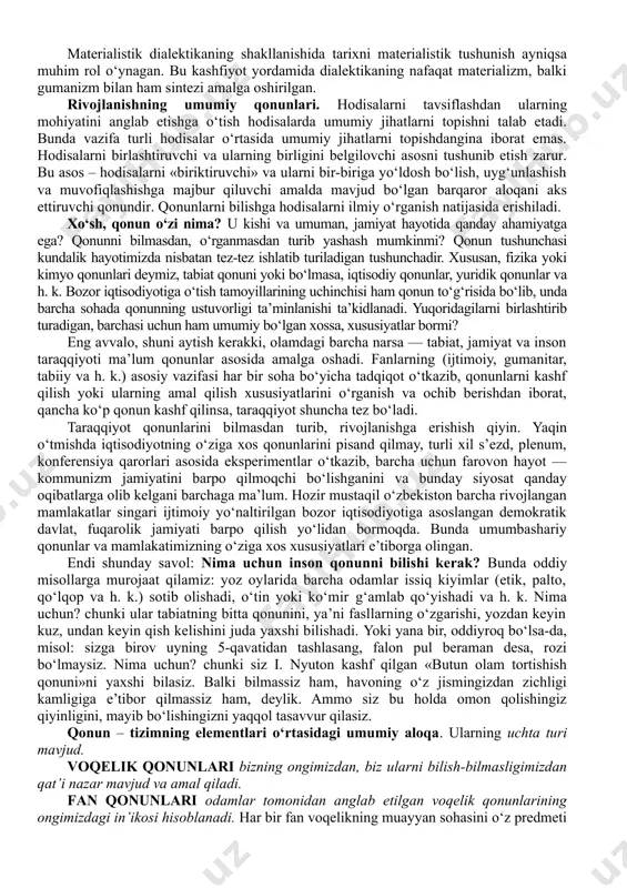 qaganlar. bu faktning tagiga etgan ilk mutafakkirlardan biri efeslik geraklit bo‘lgan. u dunyoni “jonli olov” yoki “ikki marta kirish” mumkin bo‘lmagan daryo oqimi sifatida tasavvur qilgan. harakatchan dunyoda zamon o‘tishi bilan hamma narsa o‘zining dastlabki shakl-shamoyilini yo‘qotadi va asta-sekin o‘zining qarama-qarshiligiga o‘tadi: ho‘l narsa quriydi, quruq narsa esa nam tortadi; bir narsa boshqa narsaga: sovuq issiqqa, tirik o‘likka o‘tadi. bu mulohazalarda hozirgi talqindagi dialektikaning asoslari mujassamlashgan. shu sababli qadimgi faylasuflarning stixiyali dialektikasini dialektikaning tarixan birinchi shakli deb hisoblash odat tusini olgan. stixiyali dialektika borliq va bilishning jarayonlar mohiyatini anglab etishga asoslanmagan sodda dialektikadir. 2. idealistik dialektika. gegel ilk bor dunyoni quyidan oliyga qarab boruvchi umumiy rivojlanish jarayoni sifatida tasvirlagan, rivojlanish manbai - qarama-qarshiliklar kurashini ko‘rsatib bergan, dialektikaning asosiy qonunlari va kategoriyalarini ta’riflagan. ammo gegel dialektikasi idealistik xususiyat kasb etgan. gegel idealistik dialektikasining andozasi bo‘lib ob’ektiv borliq emas, balki uni aks ettiruvchi tafakkur xizmat qilgan. 3. materialistik dialektika. gegel dialektikasi materialistik …