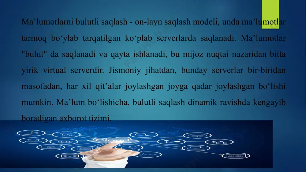 sifatida (waa) -foydalanuvchi ixtiyorida etarlicha kuchli kompyuterga ega bo'lmagan foydalanuvchi ushbu xizmatdan kirish uchun terminal sifatida hisoblash manbalarini sotib oladi va kompyuteringizdan foydalanishingiz mumkin. antivirus buluti - foydalanuvchilar tomonidan yangi, ilgari noma'lum tahdidlarni tezda tan olish uchun foydalanadigan ma'lumotlarni qayta ishlash uchun ishlatiladigan infratuzilma. bulutli antivirus foydalanuvchidan keraksiz harakatlarni talab qilmaydi - bu shunchaki shubhali dastur yoki ma'lumotnoma uchun so'rov yuboradi. agar xavf tasdiqlangan bo'lsa, barcha zarur harakatlar avtomatik ravishda amalga oshiriladi. bulutli server tarkibiy sxemasi ma'lumot arxitekturasining kontseptual sxemasi image6.jpg image7.jpg image8.jpg image9.jpg image10.jpeg image11.jpg image12.png image13.png image16.png image17.jpg image18.png image19.png image20.png image21.png image22.png image23.png image2.png image3.png image4.png image5.png /docprops/thumbnail.jpeg