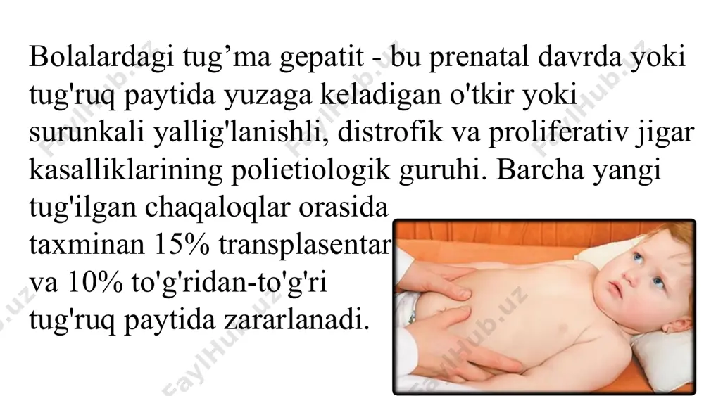 atit laboratoriya tekshiruvlarida o'ziga xos bo'lmagan o'zgarishlar kuzatiladi. eng asosiysi, jigar transaminazalari - alt va astning darajasi sezilarli darajada oshadi. bundan tashqari, bilirubin, ishqoriy fosfataza darajasining ortishi kuzatiladi. najasni tekshirganda, unda safro yo'qligini aniqlash mumkin (axoliya) va siydikda urobilin borligi aniqlanadi. bolalarda tug'ma gepatit tashxisini qo'yishda virusologik va immunologik tadqiqotlar juda muhim bo'lib, bu kasallikning etiologiyasini aniqlashga imkon beradi. ular orasida qondagi hbs-hbe-hbc antigenlarini, ig m va g ni ifada aniqlash, qon va miya suyuqligining bakterial ekmasi, pzr va qo'llaniladi. tug’ma gepatitlar diagnostikasi bolalardagi tug’ma gepatit uchun instrumental tadqiqot usullari orasida ultratovush va biopsiya informatsion bo'lishi mumkin. ultratovush tekshiruvi jigar, o't pufagi va o't yo'llarining parenximasida strukturaviy o'zgarishlarni aniqlaydi. jigar punksiyon biopsiyasi noaniq klinik ko'rinish va laboratoriya natijalari fonida tashxisni tasdiqlash uchun ishlatiladi. bolalarda tug‘ma gepatitda jigar to‘qimasini sitologik tekshirishga ko‘ra, jigar fibrozi, sklerozi yoki nekrozi, gigant hujayralar mavjudligi, limfo- va plazmatsitar infiltratsiya, sitoplazmaning safro pigmentlari bilan singishi aniqlanishi mumkin. …