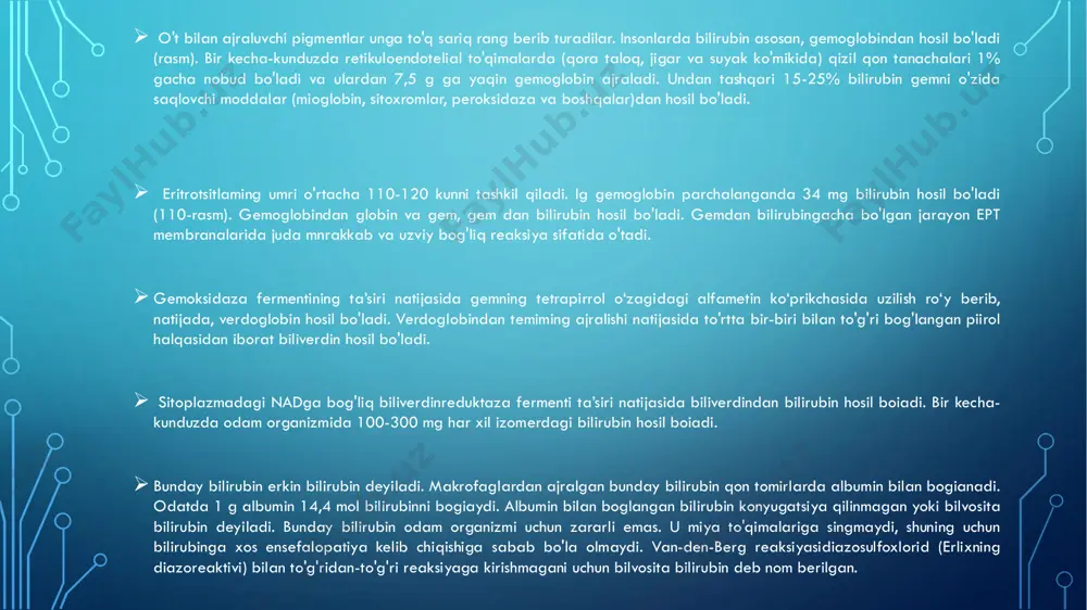 an o'ta oladi, natijada u miya to'qimalari pardasidagi fosfolipidlar bilan umumiy birikma hosil qiladi. markaziy nerv sistemasidagi markazlarga ta’sir qilib, ulami zaharlaydi. albuminning bilirubin bilan maksimal bogianish xususiyati yuqori bo'lib, bu qondagi albumin miqdorigava u bilan raqobatlashuvchi moddalarga bog'liq, odatda erkin bilirubinning qondagi miqdori 1% dan oshmaydi va albumin miqdori 100 ml plazmada 3 g dan kam bo'lsa erkin bilirubinning miqdori ko'payib ketadi. ➢ gepatotsitlar tomonidan konyugatsiyalanmagan bilirubining qamrab olinishi va zararsizlantirishi. ➢ o't sariq—jigarrang suyuqlik bo'lib, jigar hujayralaridan ajraladi. odamda 1 sutkada 500-700 ml o't ajraladi (1 kg tana vazniga 10 ml). o't ajralish beto'xtov boiadi. ammo bu jarayonning jadalligi sutka davomida keskin o'zgarib turadi. ovqat hazmlanmagan davrda jigar o'ti o't pufagiga o'tadi. u yerda suv va elektrolitlami qayta so'rilishi natijasida quyiladi. jigar o‘tini zichligi 1,01, o't qopining - 1,04. 0 ‘t qopidagi asosiy tarkibiy qismlar konsentratsiyasi jigarnikiga nisbatan 5-10 barobar yuqori. ➢sariqlik (icterus) belgisi bu teri, ko'zning oqi …