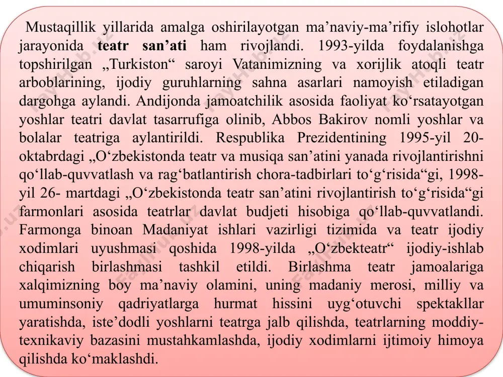 ta’lim olgan iste’dodli yoshlarimizga bag‘ishlangan „ular germaniyada o‘qigan edilar“ filmlari yaratildi. islom karimovning „o‘zbekiston xxi asr bo‘sag‘asida...“ nomli asari asosida yaratilgan beshta videofilm, „o‘zbekiston qahramonlari“ ruknidagi kinoocherklar, „umid qaldirg‘ochlari“ hujjatli filmi va boshqalar bugungi hayotimizni, istiqlol tufayli erishgan yutuqlarimizni teran anglab olishga ko‘maklashmoqda. 10 2-reja: mustaqillik yillarida sirk va muzeylar faoliyati . 11 1992- yilda „o‘zbekdavlatsirk“ respublika birlashmasining tashkil etilishi sirk san’atining rivojlanishida, yosh iste’dodli ijrochilarni qo‘llab-quvvatlashda muhim ahamiyatga ega bo‘ldi. òoshkent sirki zamonaviy talablar asosida qayta ta’mirlandi, unga dorbozlar sulolasi asoschisi, o‘zbekiston xalq artisti toshkenboy egamberdiyev nomi berildi. an’anaviy sirk san’atining unutilgan turlari tiklandi va rivojlandi. iste’dodli yoshlarga amaliy yordam berish maqsadida 1996- yilda estrada-sirk kolleji ochildi. respublika shaharlarida faoliyat yuritayotgan sirk guruhlari soni ko‘paydi. agar 1990-yilda 7 ta an’anaviy sirk guruhi faoliyat yuritgan bo‘lsa, 2001-yilda ularning soni 20 tadan oshdi, sirkchilarning ijrochilik mahoratlari o‘sdi. o‘zbekiston sirk ustalarining chet ellarga gastrol safarlari uyushtirildi. misr, iordaniya, falastin, pokiston, malayziya, hindiston, …