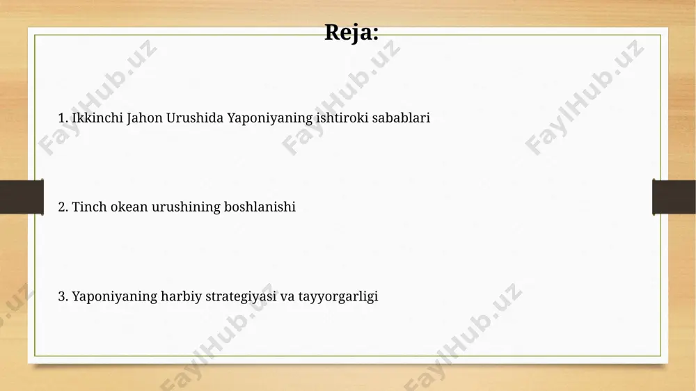lligini tikladi, ammo aqsh harbiy bazalari mamlakat hududida qoldi. "janubga qarab" siyosati bu siyosat yaponiyaning resurslarga bo'lgan ehtiyojini, xususan, neft va temir rudalarini qondirish maqsadini ko'zlagan bo'lib, bu urushdan oldin yaponiya iqtisodiyoti uchun muhim ahamiyatga ega edi. "janubga qarab" siyosati yaponiya imperiyasining kengayishiga olib keldi, natijada 1941-yil dekabr oyida aqshga hujum qilinishi va tinch okeani urushi boshlanishi bilan yakunlandi. pearl harborga hujum hujumda ishtirok etgan yaponiya aviatsiya flotining asosiy tarkibi mitsubishi a6m zero qiruvchi samolyotlari va dengizga tashlanadigan bombaga ega bo'lgan bir qancha bombardmanlardan iborat edi. pearl harborga hujum 7 dekabr 1941 yilda soat 7:55 da boshlangan bo'lib, bu aqshning tinchlik davrida kutilmagan hujumga uchrashiga olib keldi va 2400 dan ortiq amerikalik askarlar halok bo'ldi. yaponiyaning taslim bo'lishi yaponiya imperiyasi ikkinchi jahon urushi tugaganidan keyin 1945 yil 2 sentyabrda rasman taslim bo'ldi, bu potsdam deklaratsiyasini qabul qilishni anglatadi. taslim bo'lish marosimi uss missouri kemasida bo'lib o'tdi va bu aktni imzolashga …