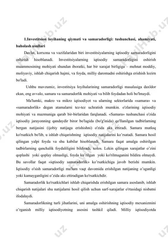 aradorligi yalpi mahsulot qiymatining o’sishini xarajatlar nisbatiga solishtirish yo'ii bilan aniqlanadi, ya'ni: bu ko'rsatkich yordamida iqtisodiy o'sish samaradorligining ijobiy yoki salbiy tomoni aniqlanadi. agar samaradorlik ma'lum vaqt, davrlar bo'yicha solishtirilsa uning o'sishi yoki kamayish holatini imkoni yuzaga keladi. iqtisodiy o'sish samaradorligiga quyidagi omillar ta’sir qiladi: · yalpi mahsulotning mehnat sig'imi; · yalpi mahsulotning moddiy sig'imi; · yalpi mahsulotning kapital sig’imi; · yalpi mahsulotning investitsiya sig'imi. demak, iqtisodiy o'sish samaradorligi uni vujudga keltirgan sarflarga nisbatan qaraladi.chunki bu sarflar natija degan umumiy qoidadan kelib chiqadi va baholanadi.bu jihatdan qaralganda iqtisodiy o'sish samaradorligi quyidagi formula yordamida aniqlanadi: bu formula yordamida yalpi mahsulot chiqarishda har bir sarflangan xarajat turiga qarab qanday nafga ega bo'lishganligini baholash va ularning iqtisodiy o'sish samaradorligidagi o'rnini aniqlash mumkin. kapitai qo'yilmalarning samaradorligini baholash muammosi har doim ham dolzarb masala va fan hamda amaliyotda bunga doimo e'tibor berilgan. sobiq ittifoq davrida investitsiyalarning iqtisodiy samaradorligini baholash nazariyasining shakllanishida muhim bosqich bo'lib, goelro …