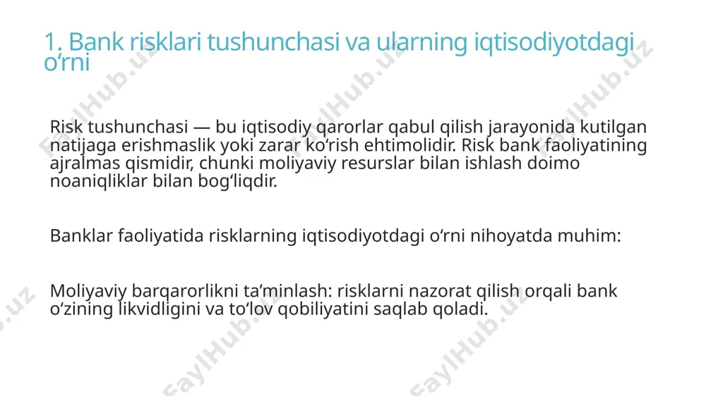 sida yuzaga keladi. 6. operatsion risk bank ichki jarayonlaridagi xatoliklar, inson omili, texnik nosozliklar yoki kiberxavfsizlik muammolari sababli yuzaga keladi. 7. reputatsion risk bankning mijozlar va hamkorlar orasidagi obro‘sining tushib ketishi bilan bog‘liq risk. bu risk odatda mijozlarga xizmat ko‘rsatishda kamchiliklar, shaffoflikning yetishmasligi yoki moliyaviy muammolar natijasida yuzaga keladi. 8. huquqiy risk bank faoliyatiga taalluqli qonunlar, me’yoriy hujjatlar yoki shartnomalardagi o‘zgarishlar natijasida yuzaga keladigan riskdir. masalan, soliq siyosatidagi o‘zgarishlar yoki yangi tartibga solish choralari bank faoliyatiga bevosita ta’sir qiladi. 4. bank risklarini to‘g‘ri tasniflashning ahamiyati va amaliy qo‘llanilishi risklarni to‘g‘ri tasniflashning asosiy ahamiyati: 1. strategik boshqaruvni yengillashtiradi – bank rahbariyati qaysi risk ko‘proq tahdid solayotganini bilib, shu yo‘nalishda qarorlar qabul qiladi. 2. moliyaviy barqarorlikni ta’minlaydi – risklarni o‘z vaqtida aniqlash va kamaytirish orqali bank zararlarni minimallashtiradi. 3. mijozlar ishonchini oshiradi – xavfsiz va barqaror bank tizimi mijozlar uchun ishonchli hamkor bo‘lib xizmat qiladi. 4. nazorat organlari bilan hamkorlikni kuchaytiradi – …