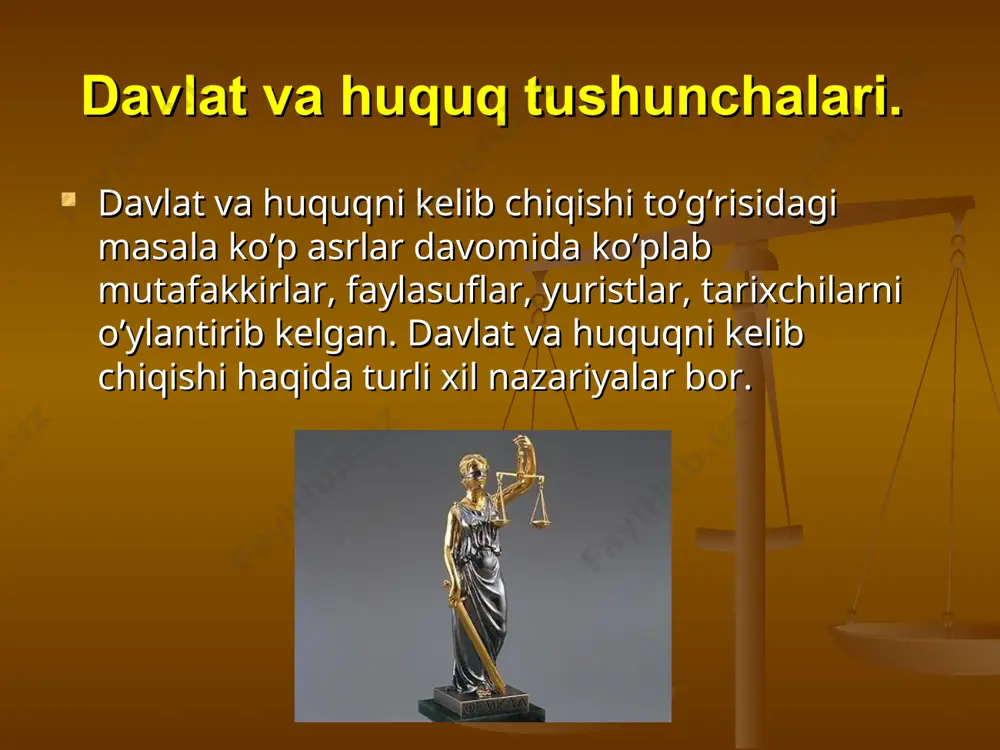 iyosatini amalga oshiradi. “hokimiyat”, “davlat va siyosat” tushunchalari bir-biriga juda yaqin bo’lib, bir-birini belgilab beradi. davlatning belgilari: 1. o’ziga xos ommaviy hokimiyatning -davlat hokimiyatining mavjudligi, ya’ni hokimiyat va boshqaruv apparatining majburlash apparatinig borligi. 2. aholining hududlar bo’yicha uyushganligi. bu fuqarolarning davlat chegaralari doirasida, muayyan ma’muriy -hududiy birliklarda yashashini bildiradi. 3. suverinitet, ya’ni ichki va tashqi siyosatini o’tkazishda mustaqil bo’lish. 4. huquq ijodkorligi, ya’ni davlat hududida yashovchi barcha kishilar rioya etadigan qonunlarni chiqarishga qodirlik. 5. aholidan davlat apparatini saqlash hamda aholining ka ta’minlangan qismiga yordam berishga sarflanadigan soliklarni to’plash. 6. umuminsoniy funksiyalarni (vazifalarni) bajarish, ya’ni hududni qo’riqlash, jinoyatchilikka qarshi kurash umumiy faravonlik maqsadlarini amalga oshirish. davlat shakllari. davlat shakli deganda, davlat tuzilishi va boshqaruv usulini belgilaydigan tashki xususiyatlari tushiniladi. davlat shakli quyidagi 3 elementdan iborat tushunchadir. 1. boshkaruv shakli. 2. davlat tuzilishi. 3. siyosiy rejim.