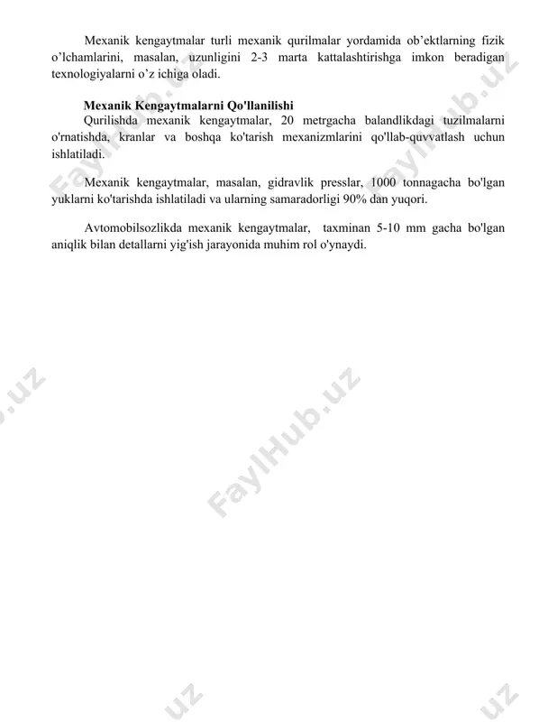 da, kranlar va boshqa ko'tarish mexanizmlarini qo'llab-quvvatlash uchun ishlatiladi. mexanik kengaytmalar, masalan, gidravlik presslar, 1000 tonnagacha bo'lgan yuklarni ko'tarishda ishlatiladi va ularning samaradorligi 90% dan yuqori. avtomobilsozlikda mexanik kengaytmalar, taxminan 5-10 mm gacha bo'lgan aniqlik bilan detallarni yig'ish jarayonida muhim rol o'ynaydi. 📌xulosa mexanik uzaytirishlar inson qobiliyatini oshirish, kuchi va samaradorligini kuchaytirishda muhim rol o'ynaydi, bu esa turli sohalarda yangi imkoniyatlar yaratadi. ularning taraqqiyoti jamiyat rivoji uchun muhim ahamiyatga ega. 📚foydalanilgan adabiyotlar 1. mexanik kengaytmalarning loyihalash va ishlab chiqarish texnologiyalari. 2. mexanik kengaytmalarning mustahkamligi va ishonchliligini ta'minlash usullari. 3. turli materiallardan yasalgan mexanik kengaytmalarning ekspluatatsiya xususiyatlari. 4. zamonaviy mexanik kengaytmalarning konstruktsiyalari va ularning qo'llanilishi. 5. mexanik kengaytmalarning avtomatik boshqaruvi tizimlari. 6