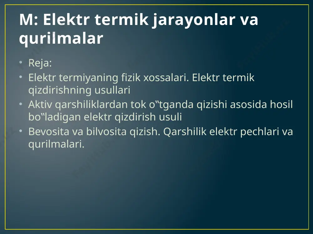 angan bo„lib, bevosita va bilvosita issiqlik ishlovi berish qurilmalarida qo„llaniladi. induksion usulda issiqlik ishlovchi berish qizdirilayotgan materialda uyurma toklar hosil qilish oqibatida elektromagnit maydon energiyasini issiqlik energiyasiga aylantirishga va djoul - lens qonuni asosida issiqlik ajralib chiqishiga asoslanadi. dielektrik usulda issiqlik ishlovi berish yuqori chastotadagi elektr maydoniga kiritilgan tok o„tkazmaydigan yoki yarim o„tkazgich metallarda polyarizatsiya natijasida hosil bo„luvchi siljish toklari vujudga kelishiga asoslangan. elektr yoyi hisobiga issiqlik ishlovi berish usulida materiallarga elektrodlar orasida hosil qilingan issiqlik energiyasi hisobiga tegishli issiqlik ishlovi (yoy yordamida metallarni kesish, ulash, eritish va hokazo) beriladi. elektron va ionli -nurli kizdirish usuli elektr maydoni ta‟sirida tezlanish olgan va tez harakatlanayotgan elektronlar va ionlar o„zaro to„qnashishlari natijasida ajralayotgan issiqlik energiyasidan foydalanishga asoslangan. plazmali qizdirish usuli yoy razryadi muxitidan yoki yuqori chastotali elektromagnit yoxud elektr maydonidan gazni o„tkazish oqibatida ajralayotgan issiqlik energiyasidan foydalanishga asoslangan lazer yordamida issiqlik ishlovi berish lazerlarda ya‟ni optik kvant generatorlarida xosil qilingan yuqori konsentratsiyadagi …