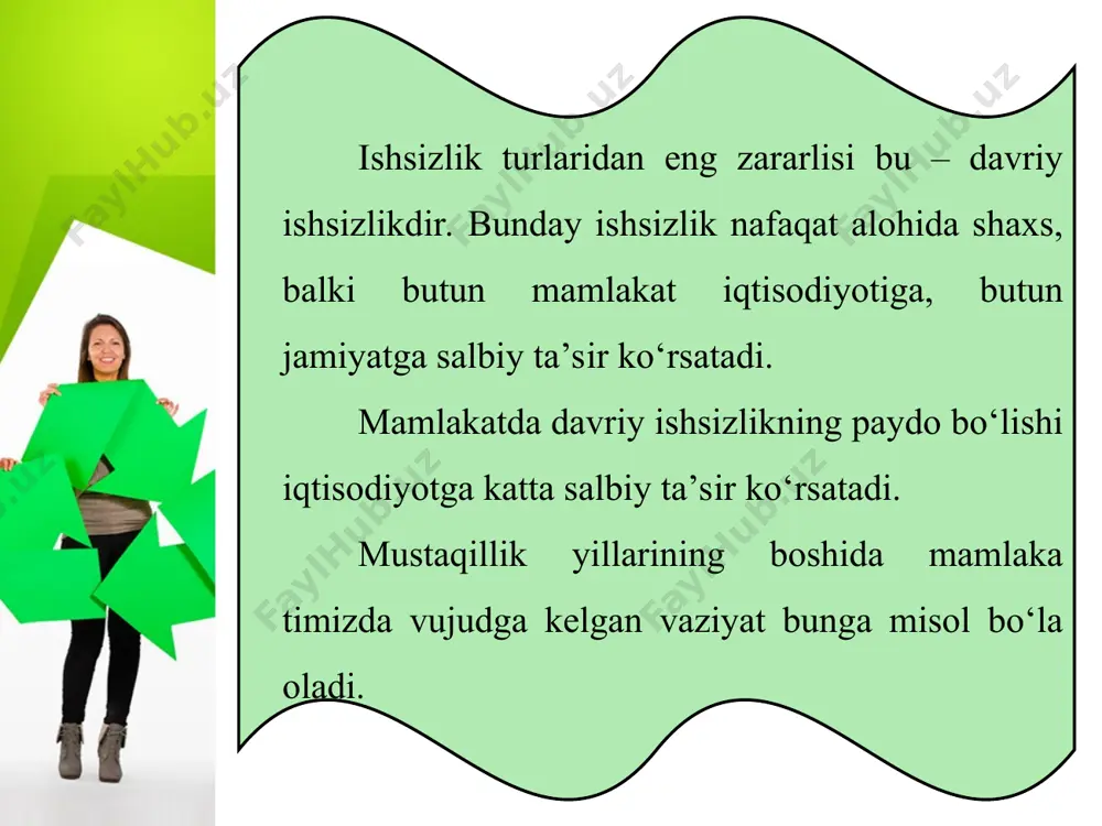 iy kafolatlarga amal qilinishini ta’minlash. 8. mehnatkashlarning ish joylarida mehnat muhofazasi va texnika xavfsizligi talablari ustidan nazorat o‘rnatish har qanday davlatda ishsizlik muammosi mavjud bo‘lib, undan butunlay xalos bo‘lishning iloji yo‘q. mamlakatda friksion va tarkibiy ishsizlik turlarining bo‘lishi iqtisodiyotda katta o‘zgarishlarga olib kelmaydi va jamiyat uchun qaysidir ma’noda tabiiy holat hisoblanadi. mamlakatda faqat friksion va tarkibiy ishsizlik mavjud bo‘lgan holat to‘la bandlik deb ataladi. bu holatdagi ishsizlik darajasi esa tabiiy ishsizlik darajasi deb yuritiladi. bir hisobda, mamlakatda tabiiy ishsizlikning bo‘lgani ma’qul. chunki bunday ishsizlarning bo‘lishi ish bilan band aholini yaxshiroq ishlashga undaydi. ishsizlarni bekor yurmasdan, malakalarini oshirib, tezroq ish topishga majbur qiladi. mamlakatdagi tabiiy ishsizlik darajasining 4—5 foiz bo‘lishi me’yoriy holat hisoblanadi. tabiiy ishsizlik darajasi – mamlakatda faqat friksion va tarkibiy ishsizlik bo‘lgan vaziyatdagi ishsizlik darajasi. to‘la bandlik – mamlaka tda faqa t tabiiy ishsizlik bo‘lgan vaziyatdagi bandlik. davlat ishchi kuchi bozorini tartibga solish va ishsizlikning oldini olish maqsadida quyidagi …