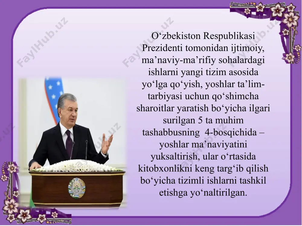 rishi, o‘zi uchun ilhomni, yangi mavzularni shu hayotdan, unda bo‘layotgan o‘zgarishlardan olishi kerakligini barchamiz yaxshi bilamiz... agar biz o‘zbekistonimizni dunyoga tarannum etmoqchi, uning qadimiy tarixi va yorug‘ kelajagini ulug‘lamoqchi, uni avlodlar xotirasida boqiy saqlamoqchi bo‘lsak, avvalambor, buyuk yozuvchilarni, buyuk shoirlarni, buyuk ijodkorlarni tarbiyalashimiz kerak. nega deganda, ulug‘ adib cho‘lpon aytganidek, adabiyot yashasa – millat yashaydi”. mustaqillikdan so‘nggi yillarda adabiy jarayondagi eng muhim hodisalardan biri ijodiy uslub va yo‘nalishlarning rang-barangligidir. totalitar tuzum davrida adabiyotimizda faqat sots.realizm ijodiy metodi yakka hukmronlik qilgan bo‘lsa, endilikda ijodkor o‘zi xohlagan ijodiy metodda ijod qilishi mumkin. hayotni realistik, romantik, modern usuli yo‘lida tasvirlash imkoniyatlari paydo bo‘ldi. buning yorqin namunalarini m.m.do‘st, o.muxtor, x.do‘stmuhammad, t.rustam, e.a’zam, sh.bo‘taev, n.eshonqul, a.qutbiddin, b. ro‘zimuhammad, faxriyor kabi ijodkorlar ijodida kuzatish mumkin. bir kuni hazrati abduxoliq g‘ijdivoniyga savol berdilar: “dilning farog‘ati nimadan hosil bo‘lur?” hoja buyurdilarki, dilning farog‘ati – uning tasfiti – ya’ni pokligidadur. agar ul dilga dunyo molidan zarrae tama’ bo‘lmasa, dil …